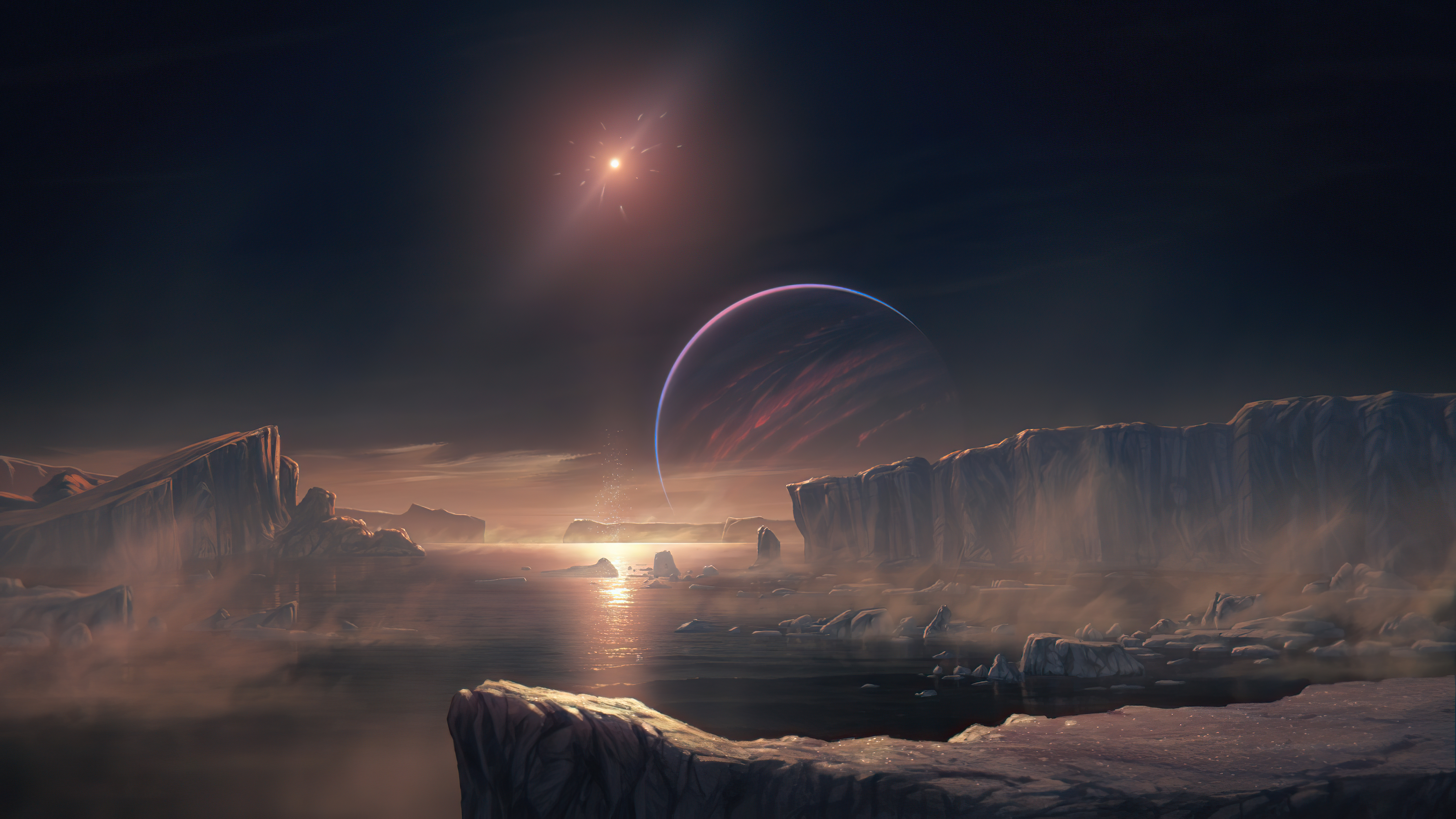 Alien planet landscape with gas giant and star HD Wallpaper