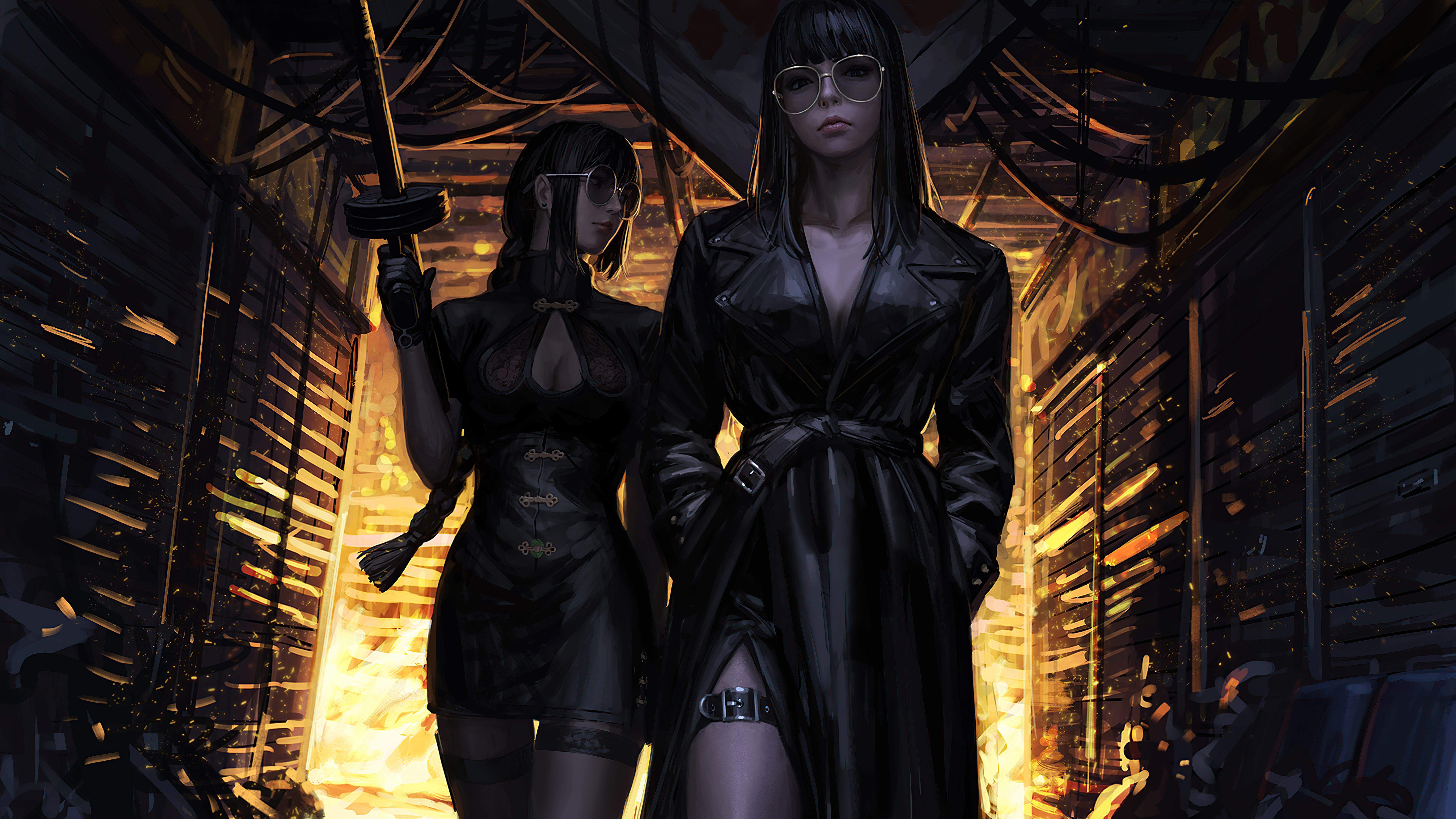 Two women in black outfits with swords and guns HD Wallpaper