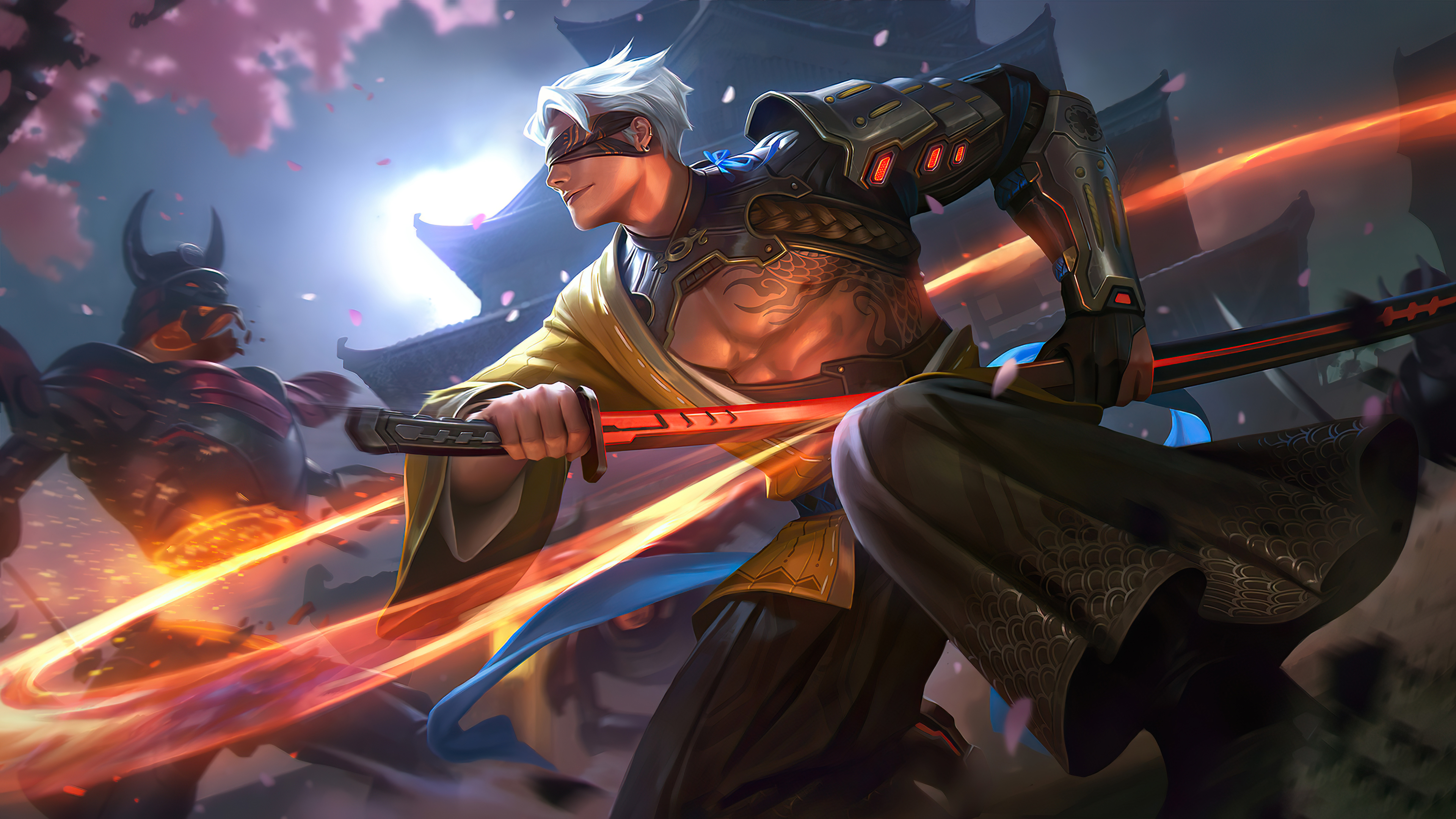 Warrior with blindfold and sword fighting another warrior HD Wallpaper
