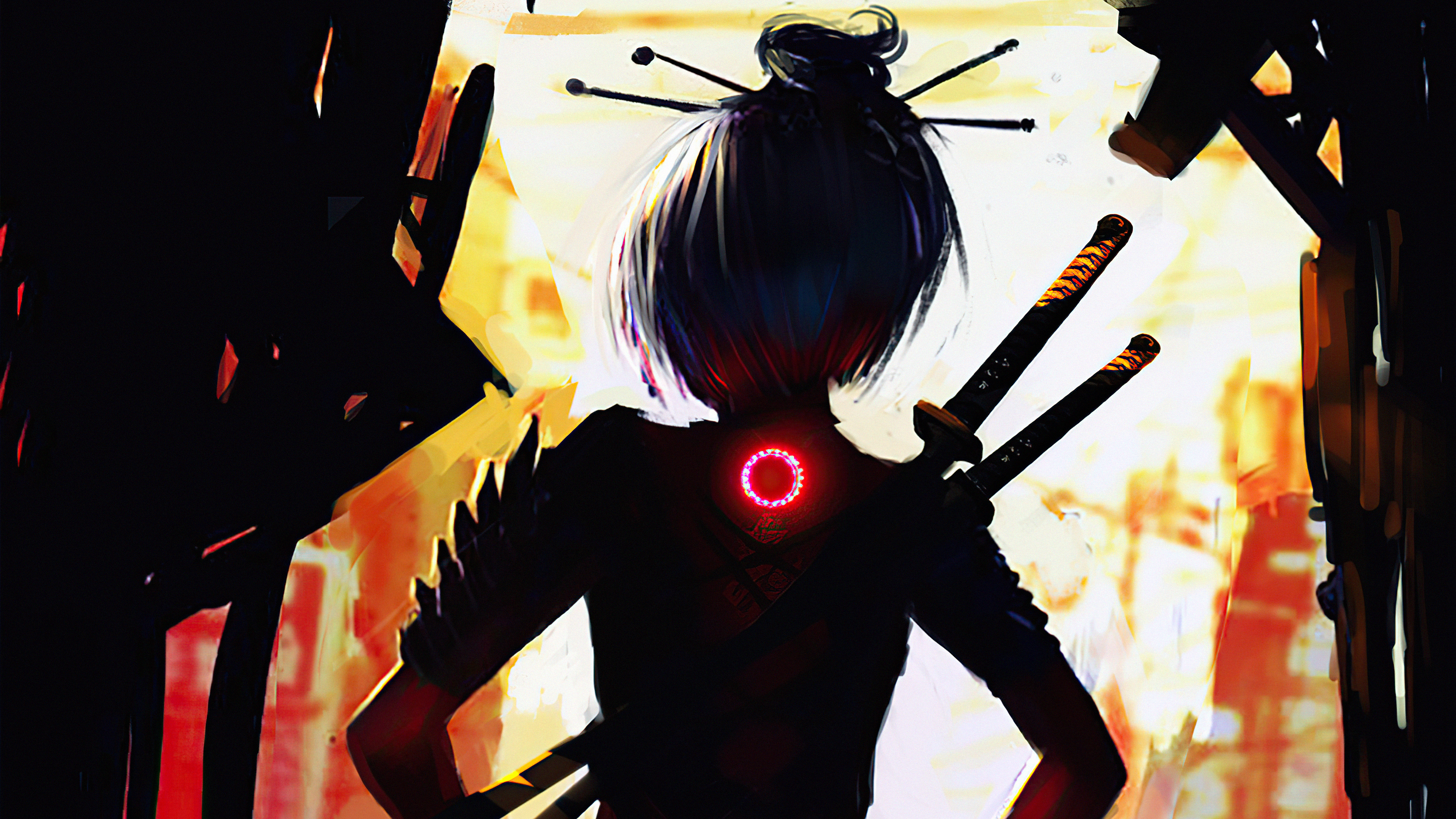 Artwork of a samurai woman with swords HD Wallpaper