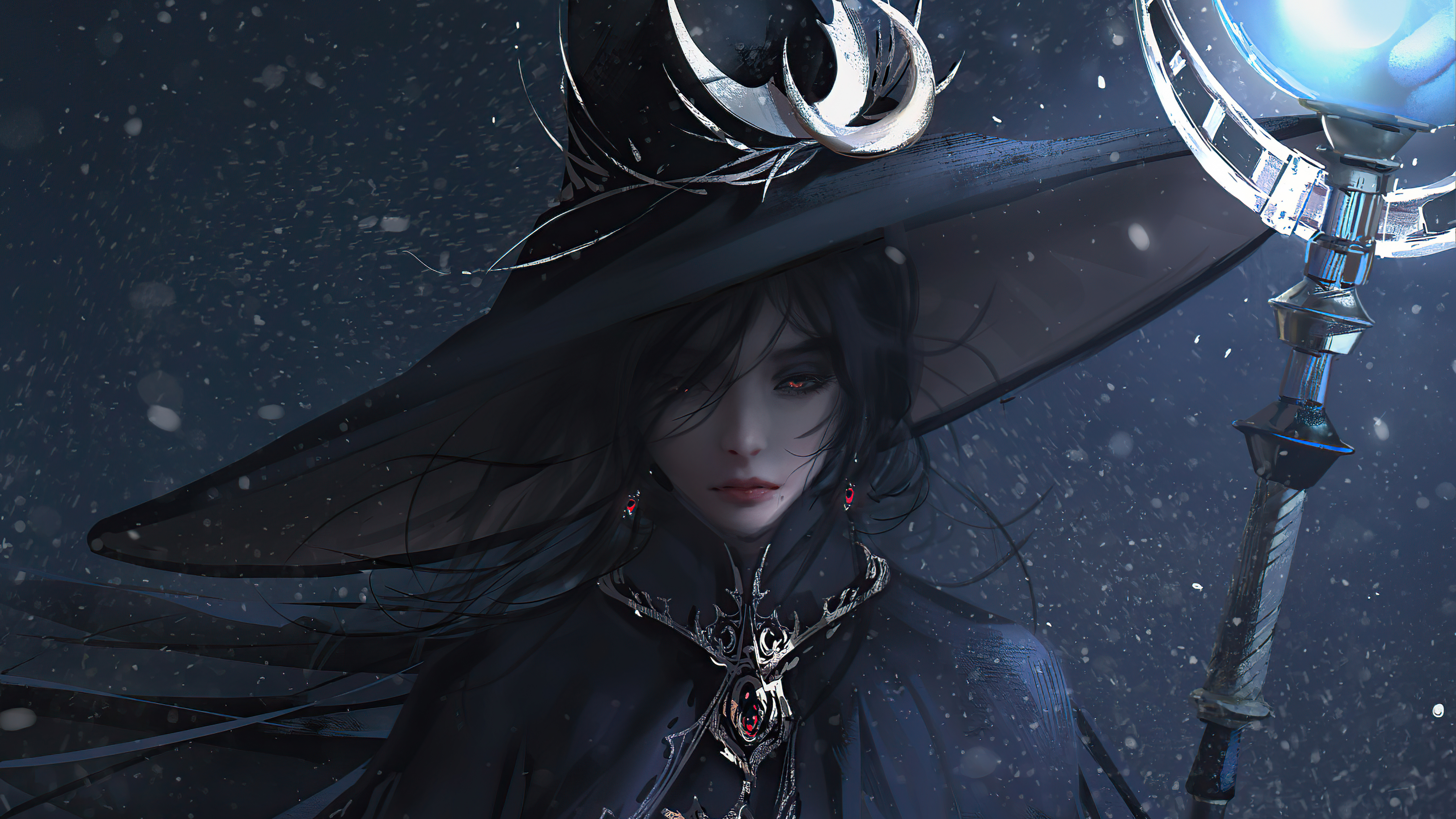 Anime witch with staff in snow HD Wallpaper