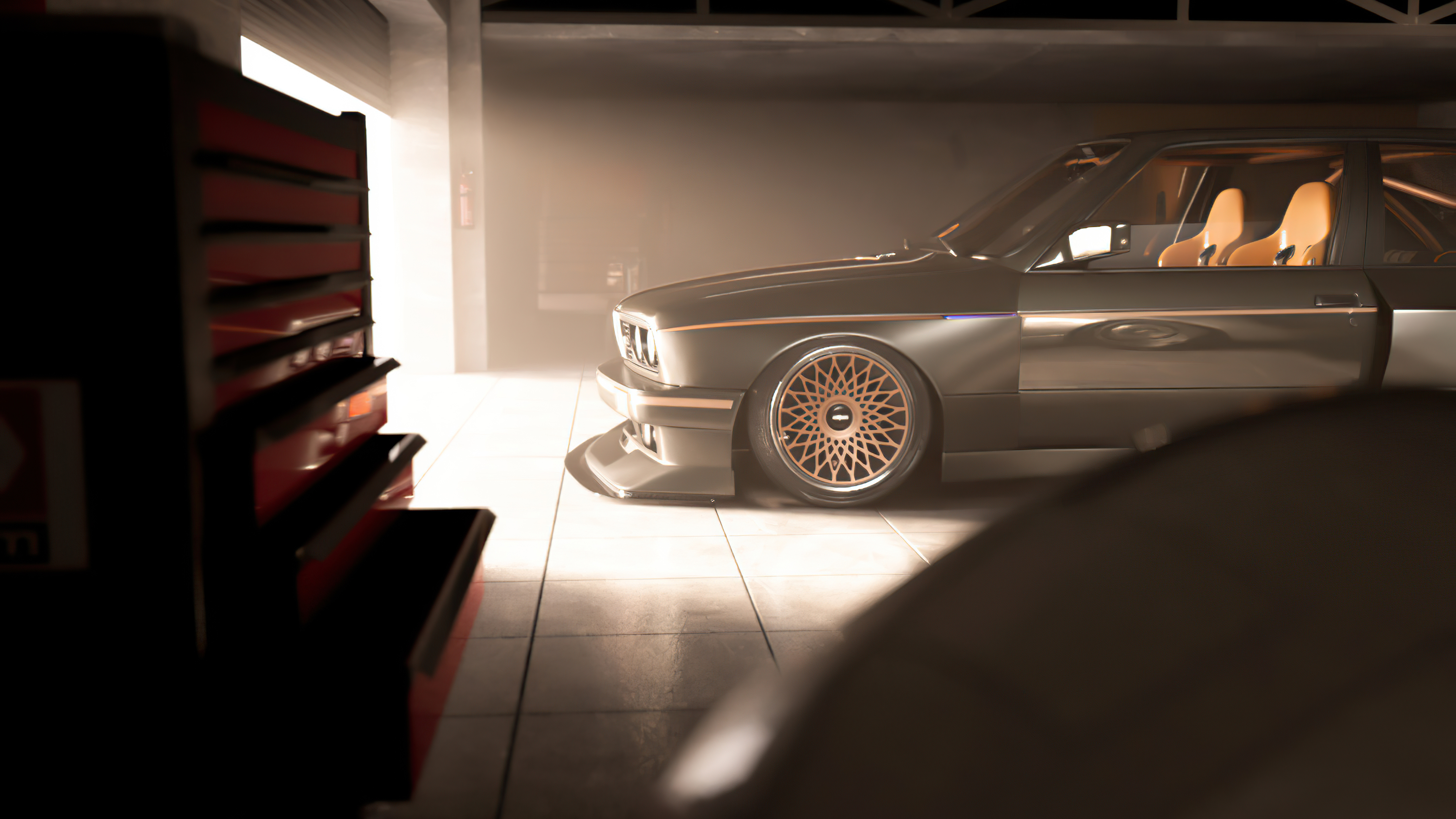 BMW E30 in a garage with tool chest HD Wallpaper