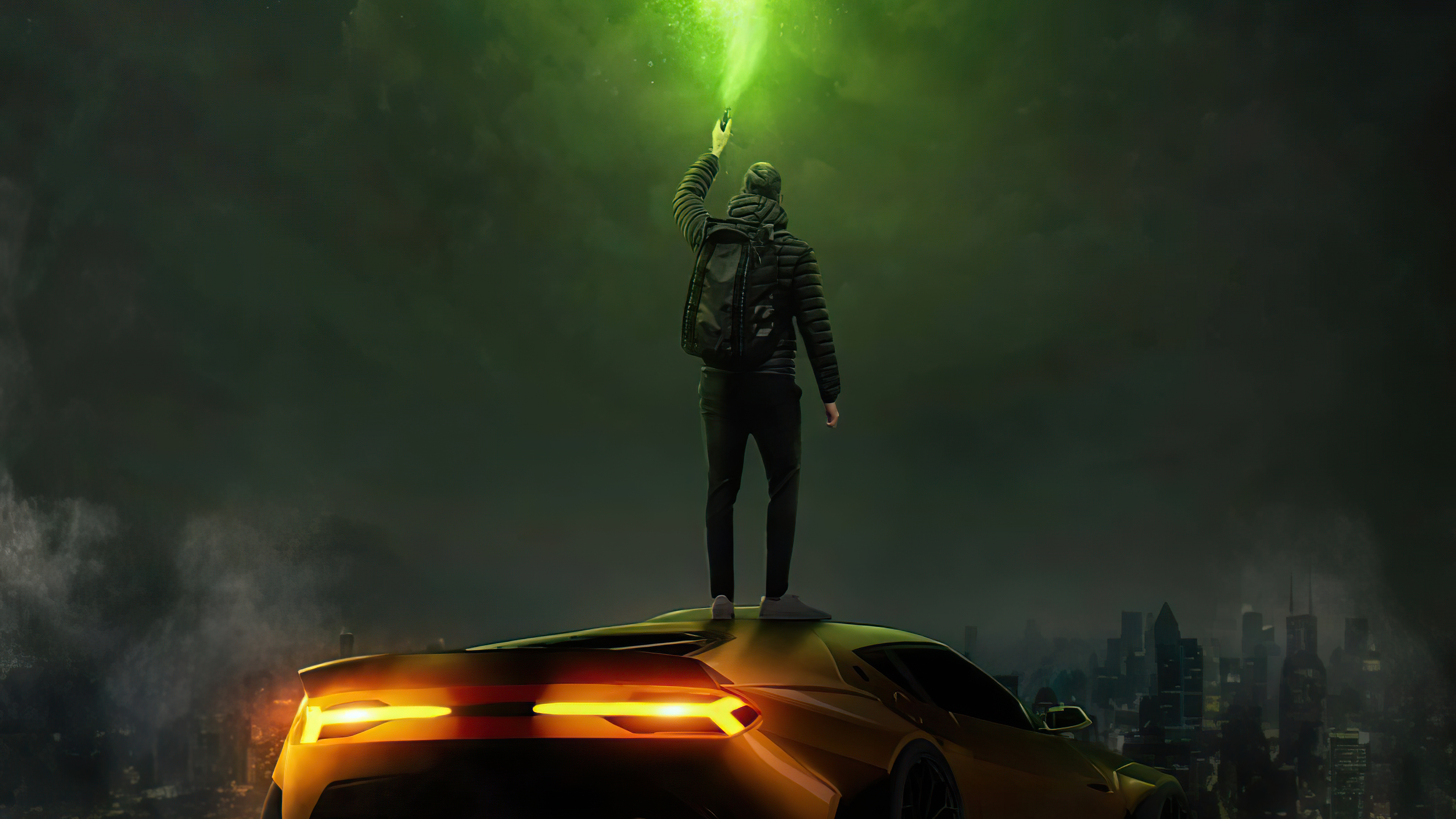 Man on a car with green flare and city skyline HD Wallpaper