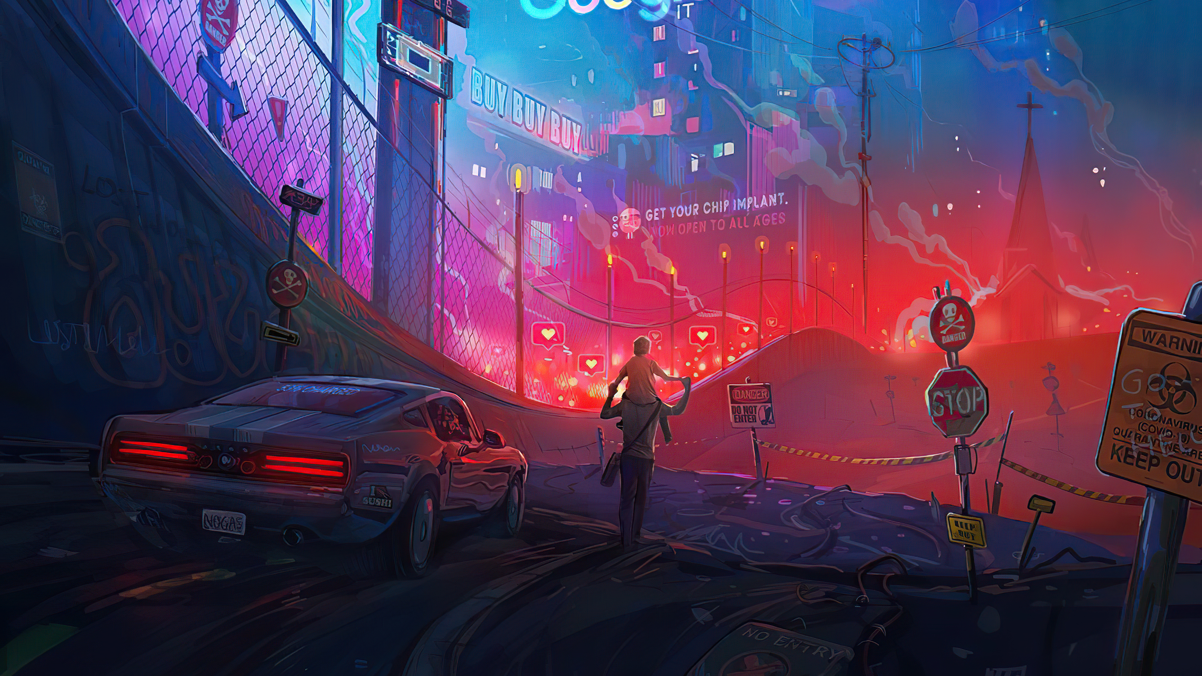 Cyberpunk Cityscape with Father and Child HD Wallpaper