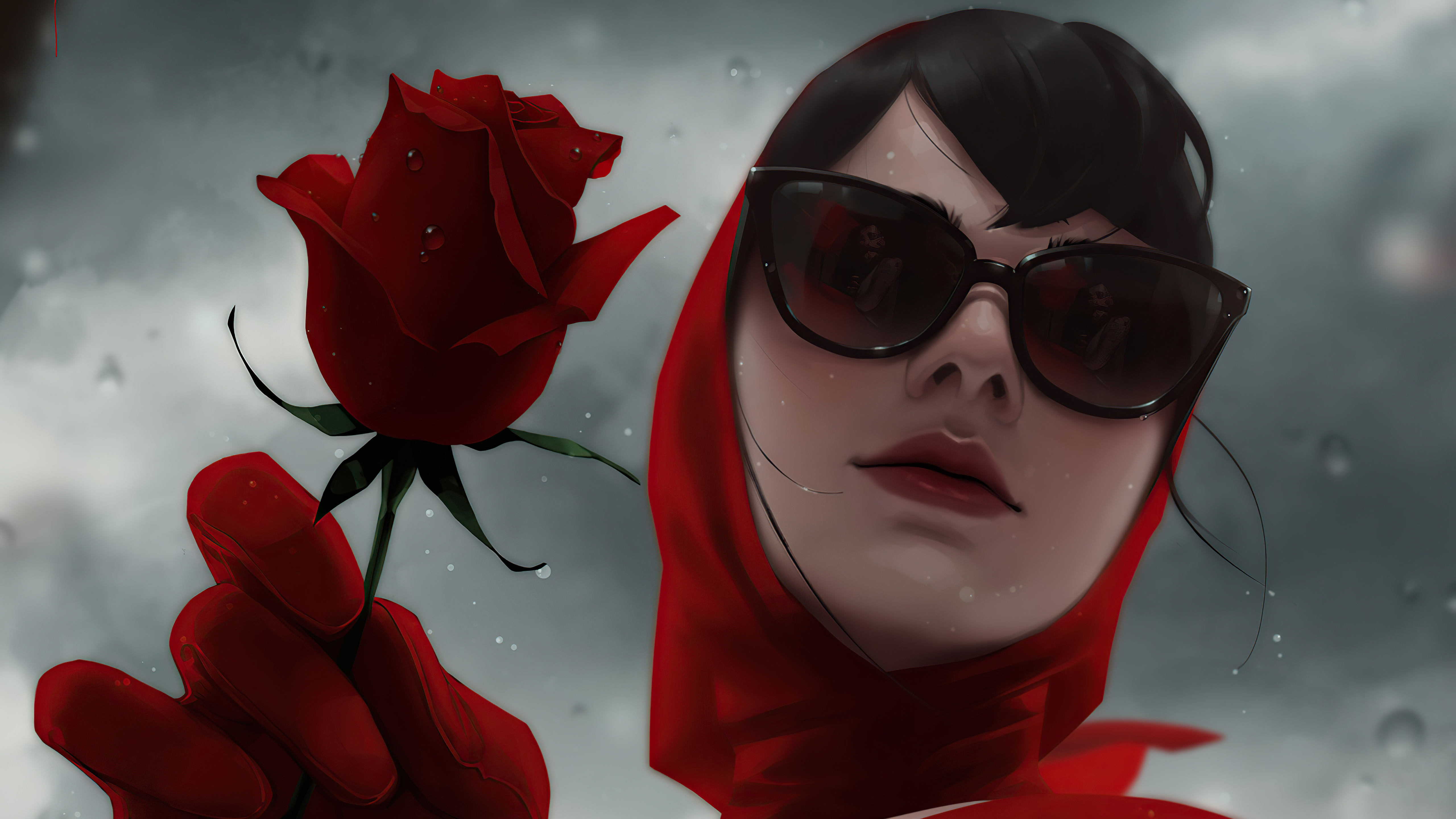 Digital art of a woman holding a red rose HD Wallpaper