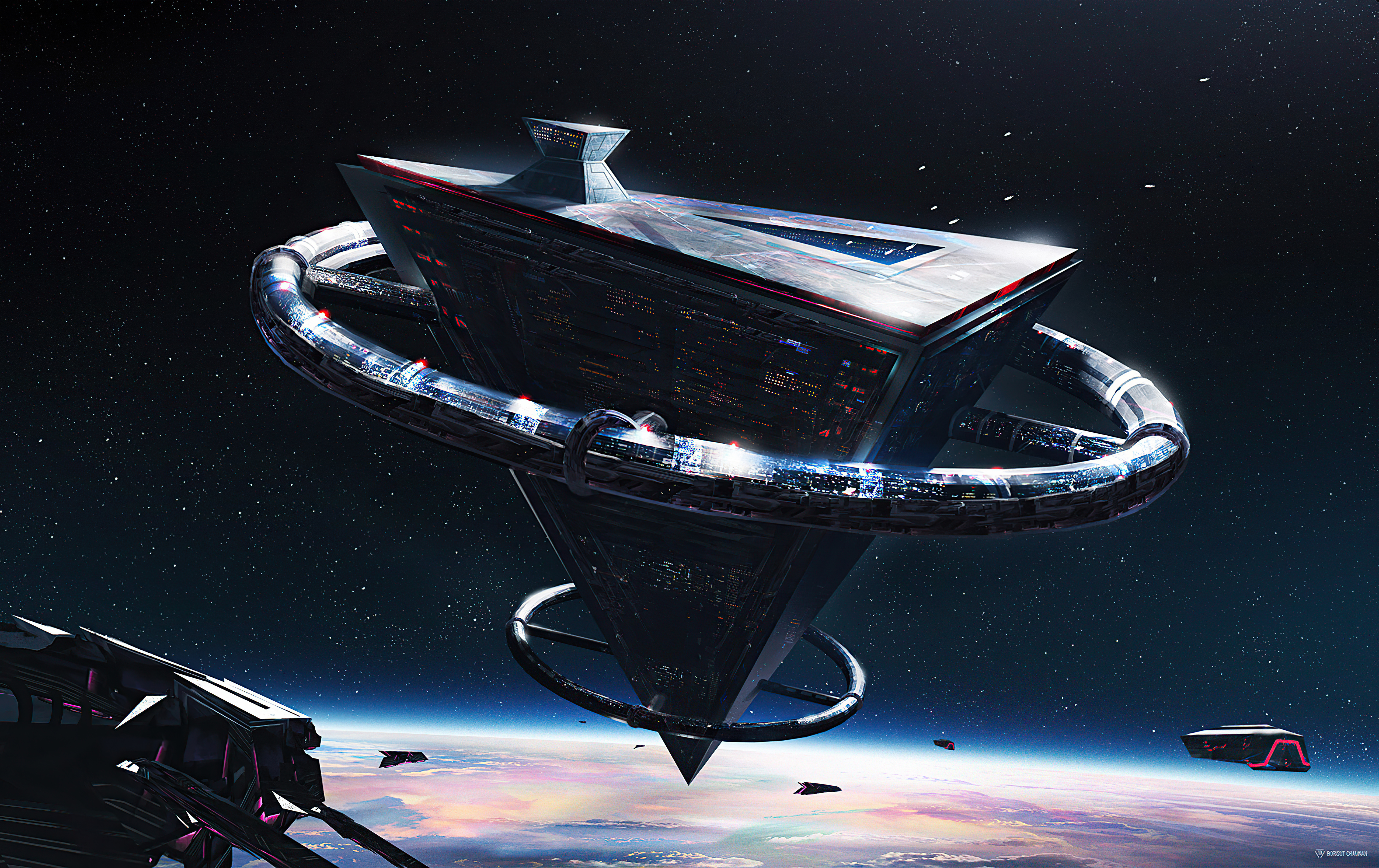 Sci-fi space station orbiting a planet HD Wallpaper