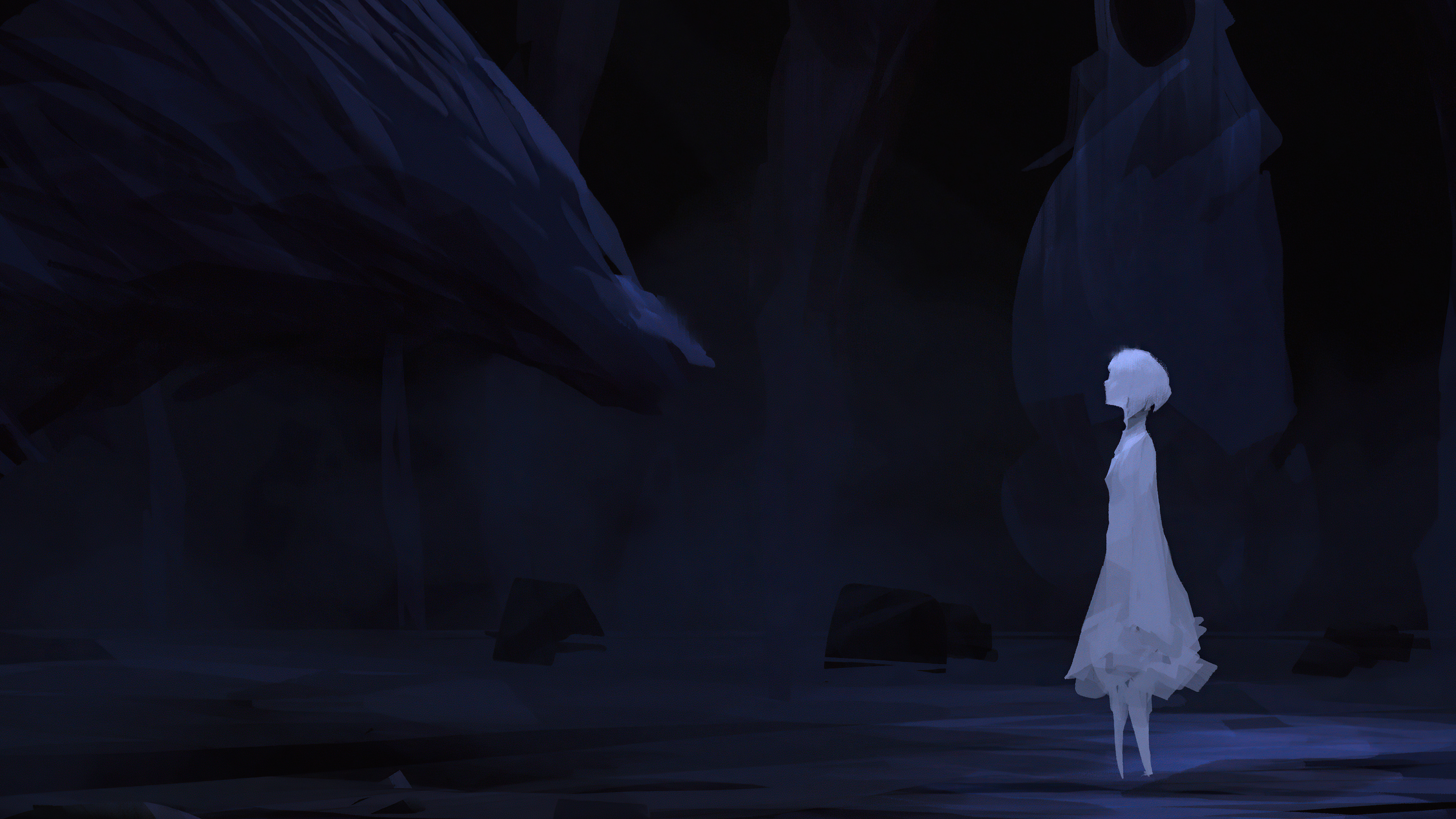 A ghostly figure confronts a large, dark creature HD Wallpaper