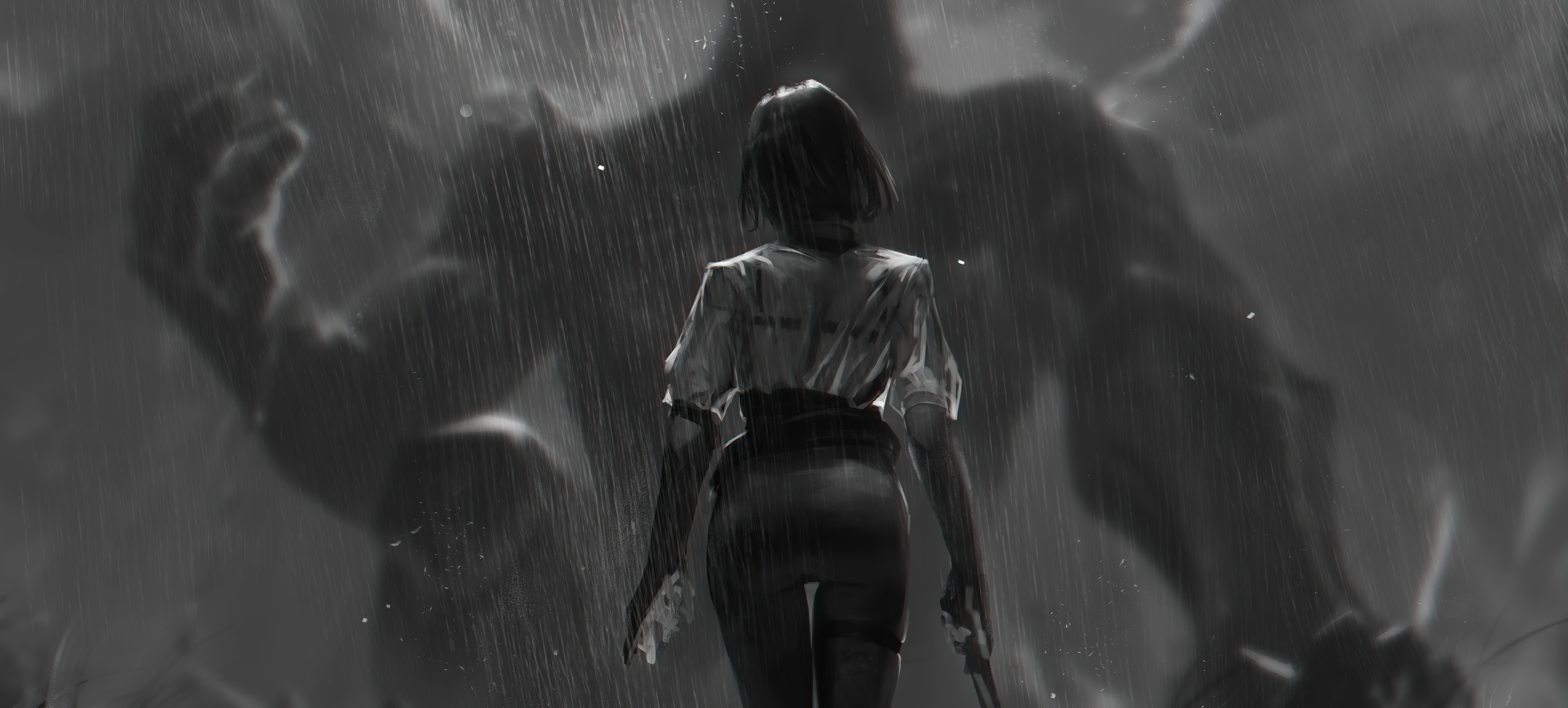 Monochrome artwork of a warrior in the rain HD Wallpaper