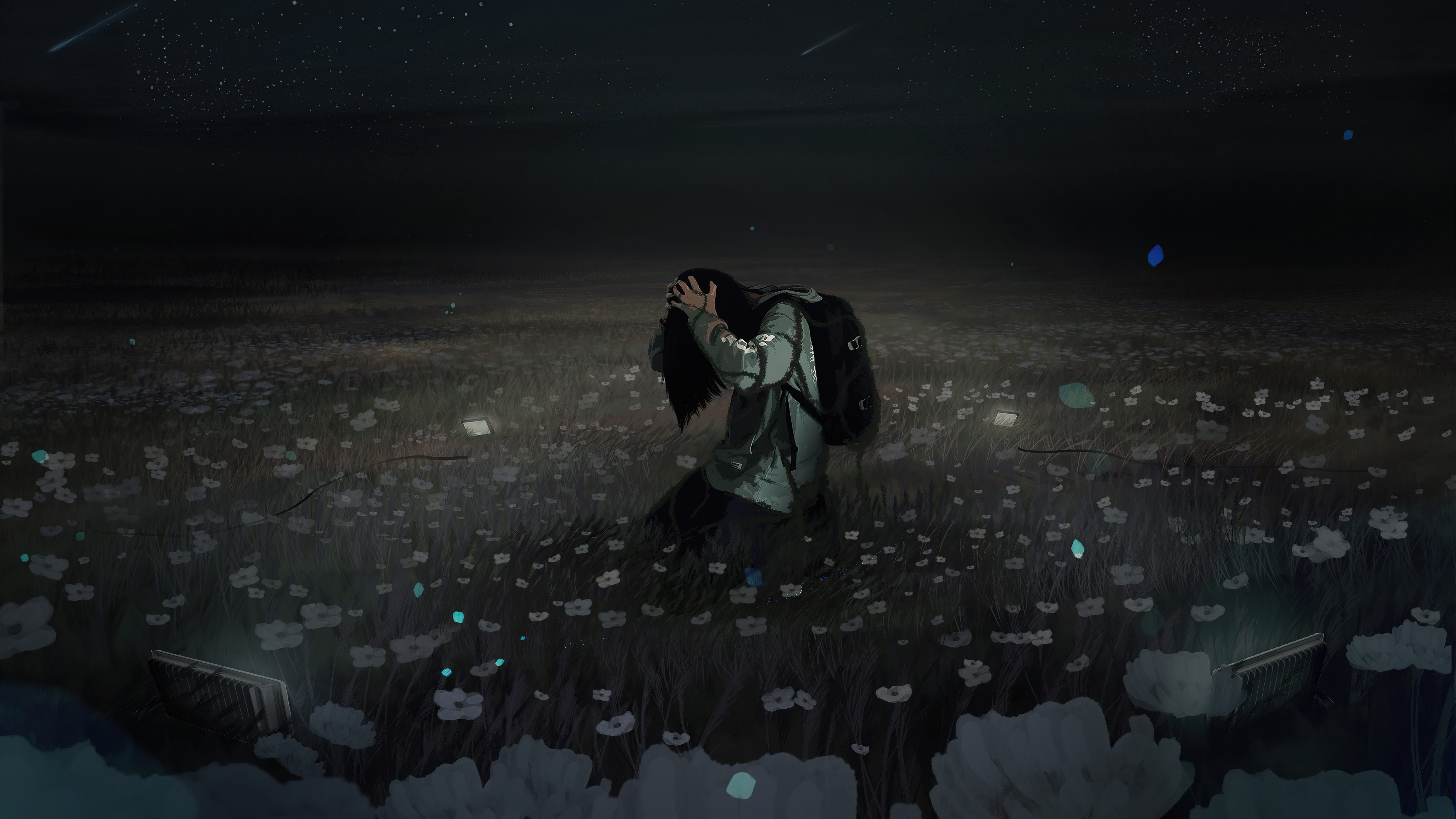 Person in a field of flowers at night HD Wallpaper