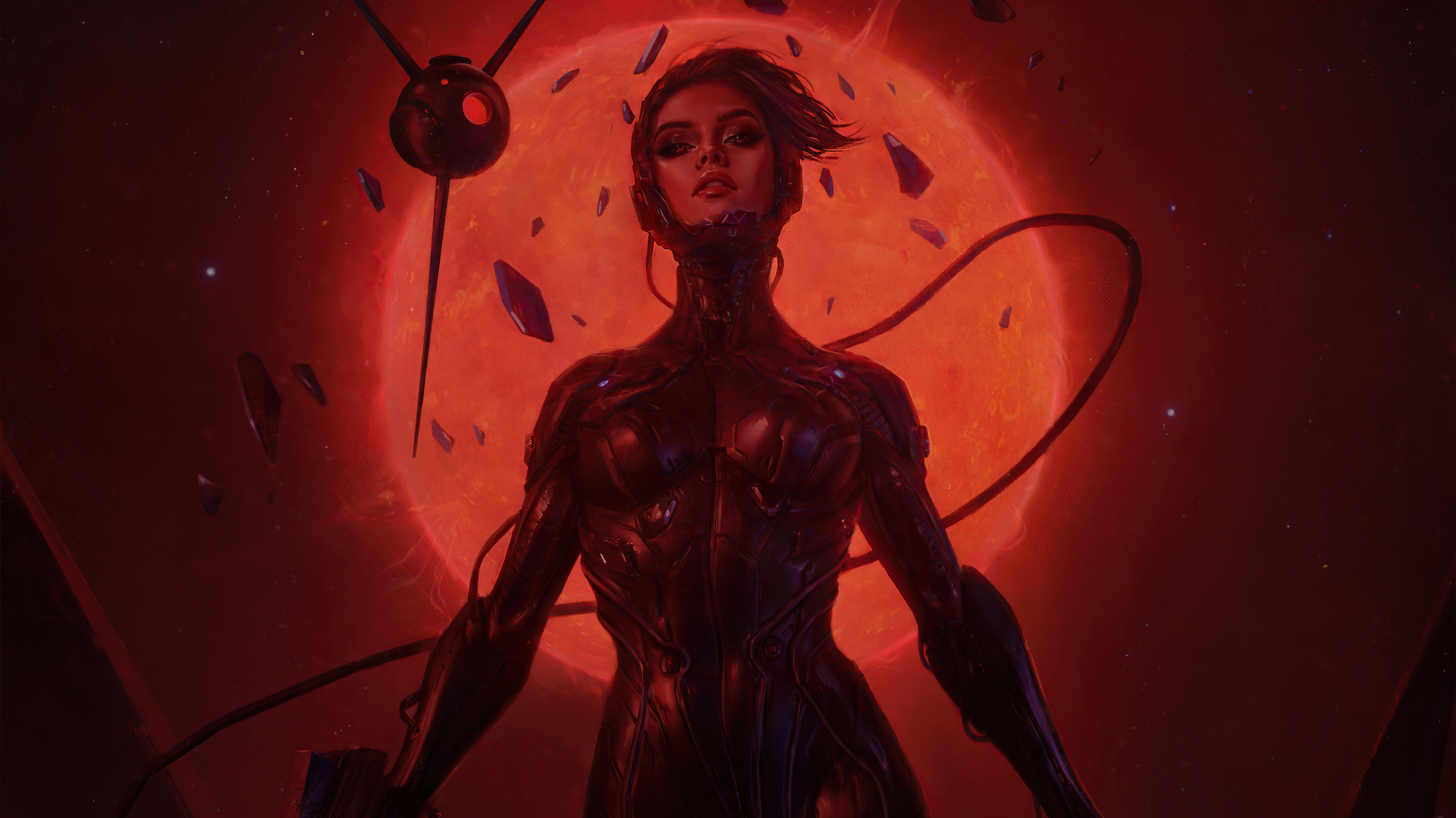 Woman in futuristic suit with red sun and drone HD Wallpaper