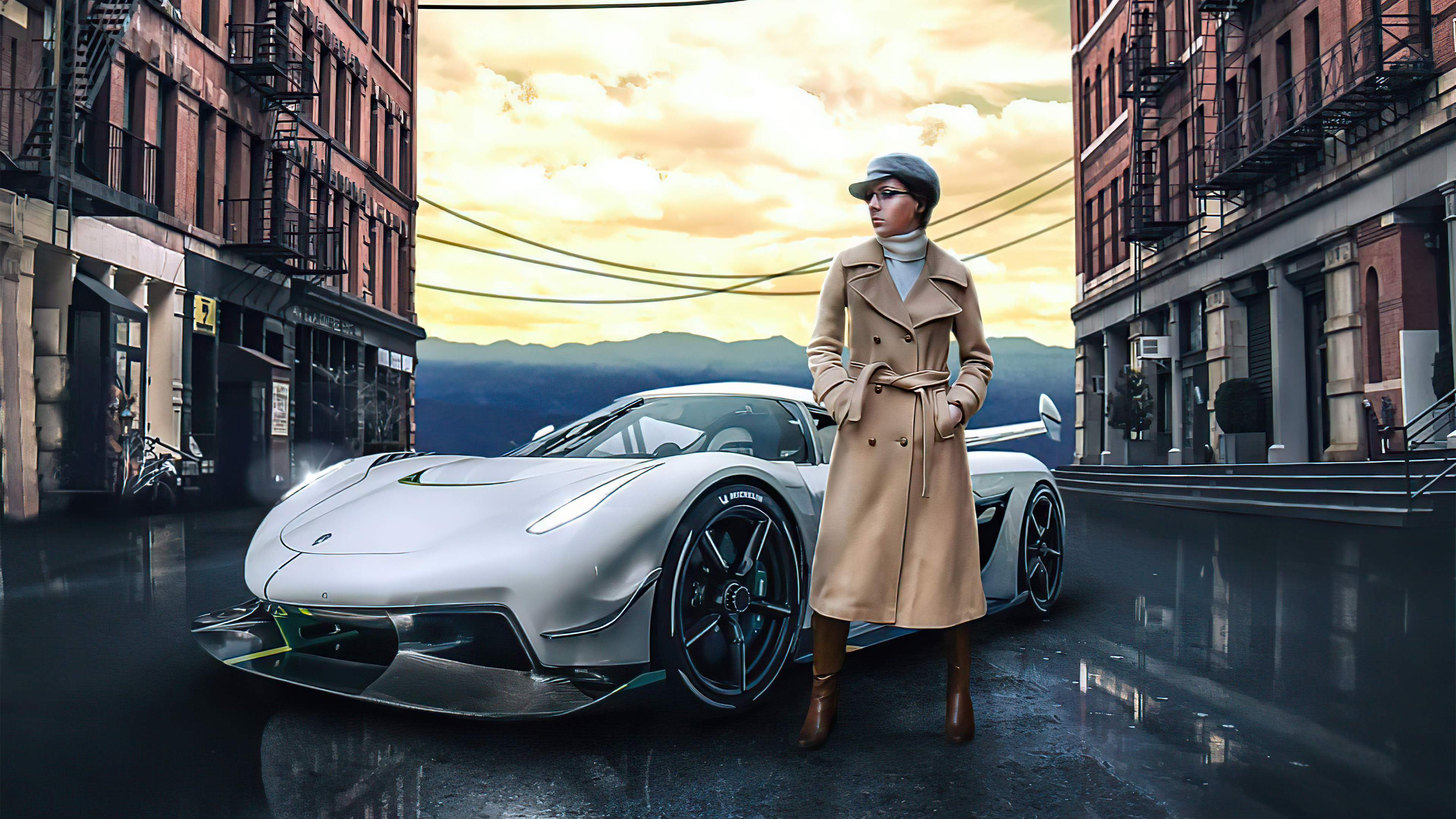 Woman in trench coat with Koenigsegg Jesko in city HD Wallpaper