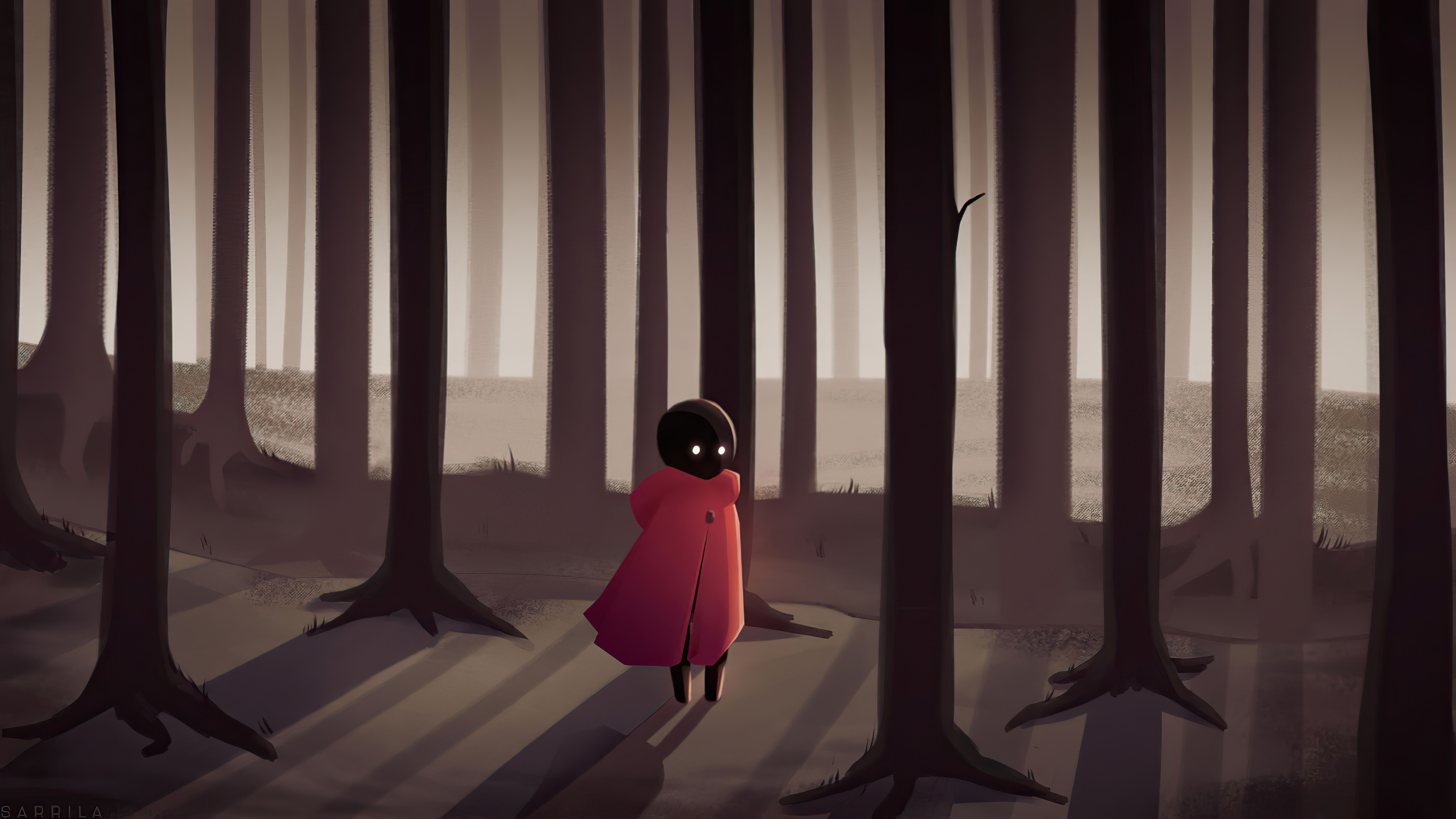 Figure in red cloak in a dark forest HD Wallpaper