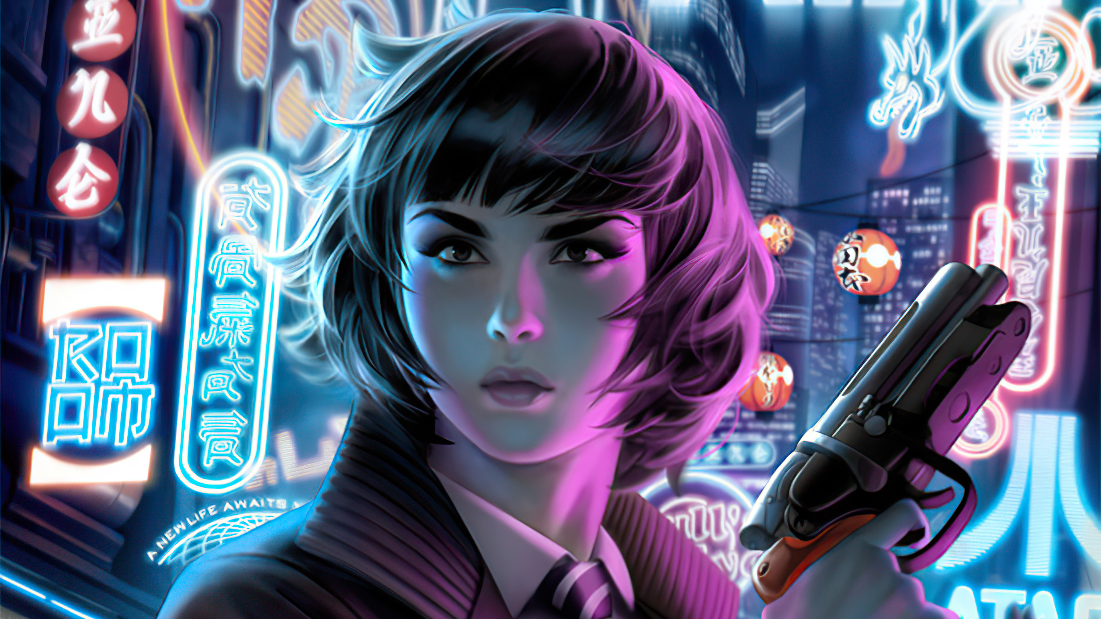 Blade Runner artwork of a woman with a gun HD Wallpaper