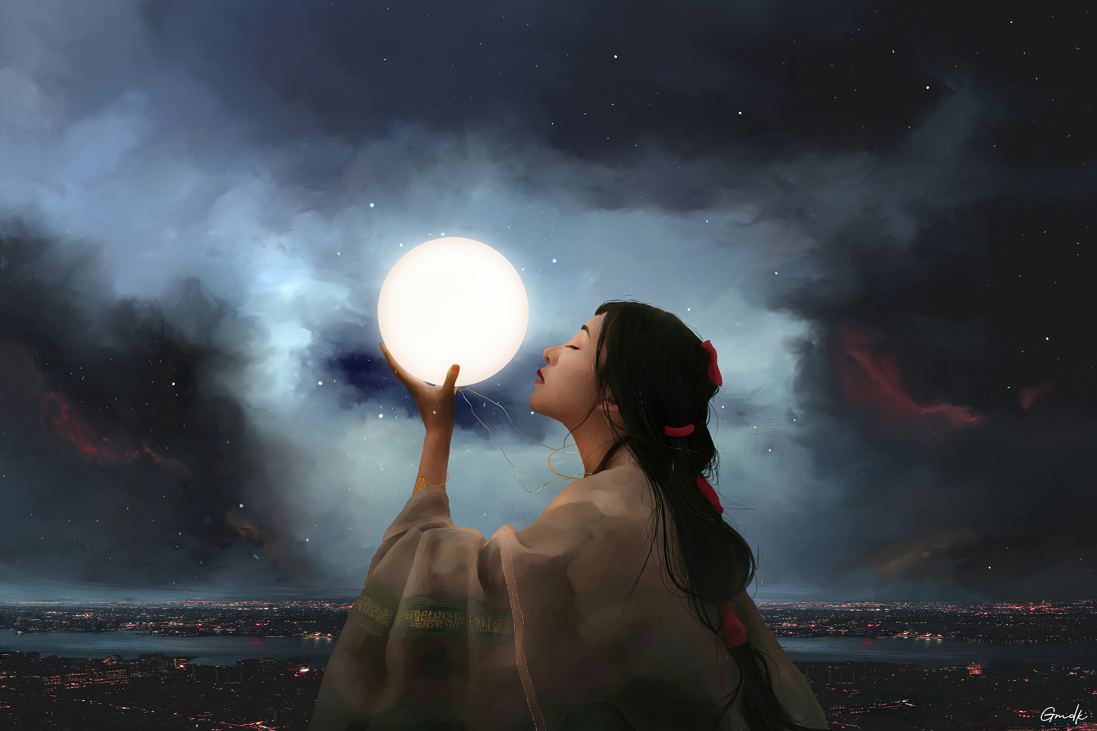 Artwork of a woman holding a glowing orb HD Wallpaper