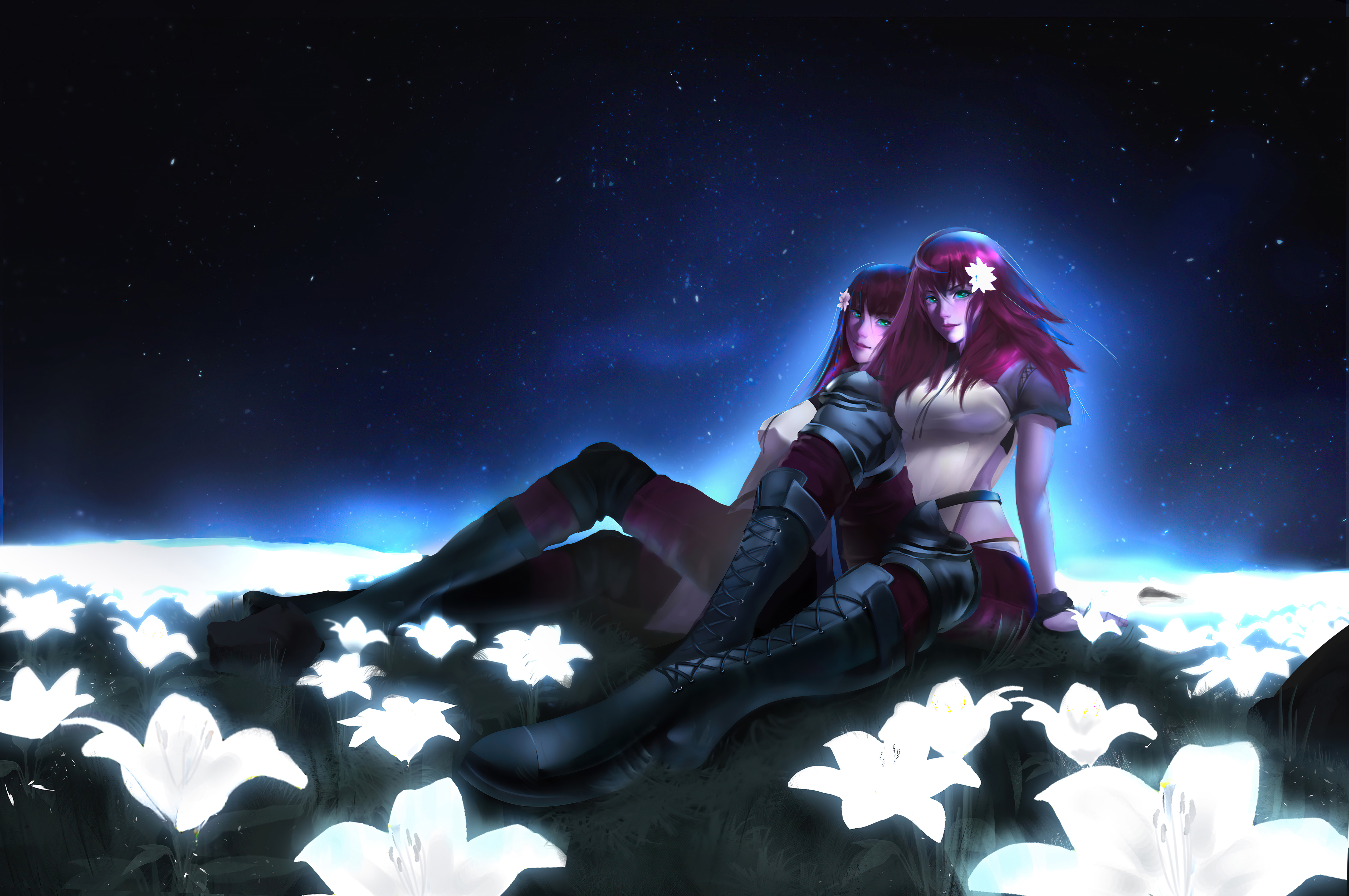 Two women in a field of glowing lilies under a starry sky HD Wallpaper
