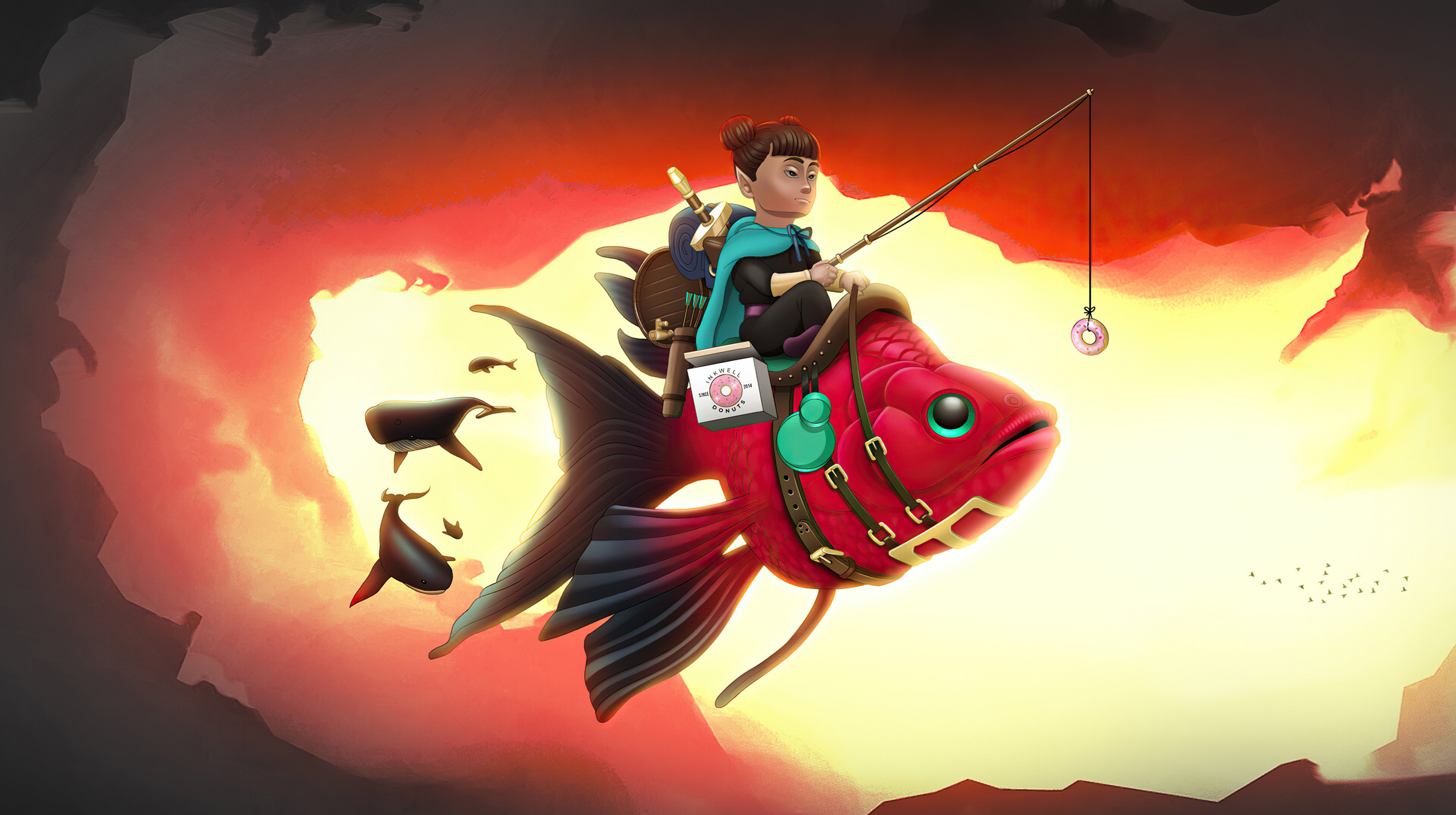 Girl riding a giant fish with donuts and whales HD Wallpaper