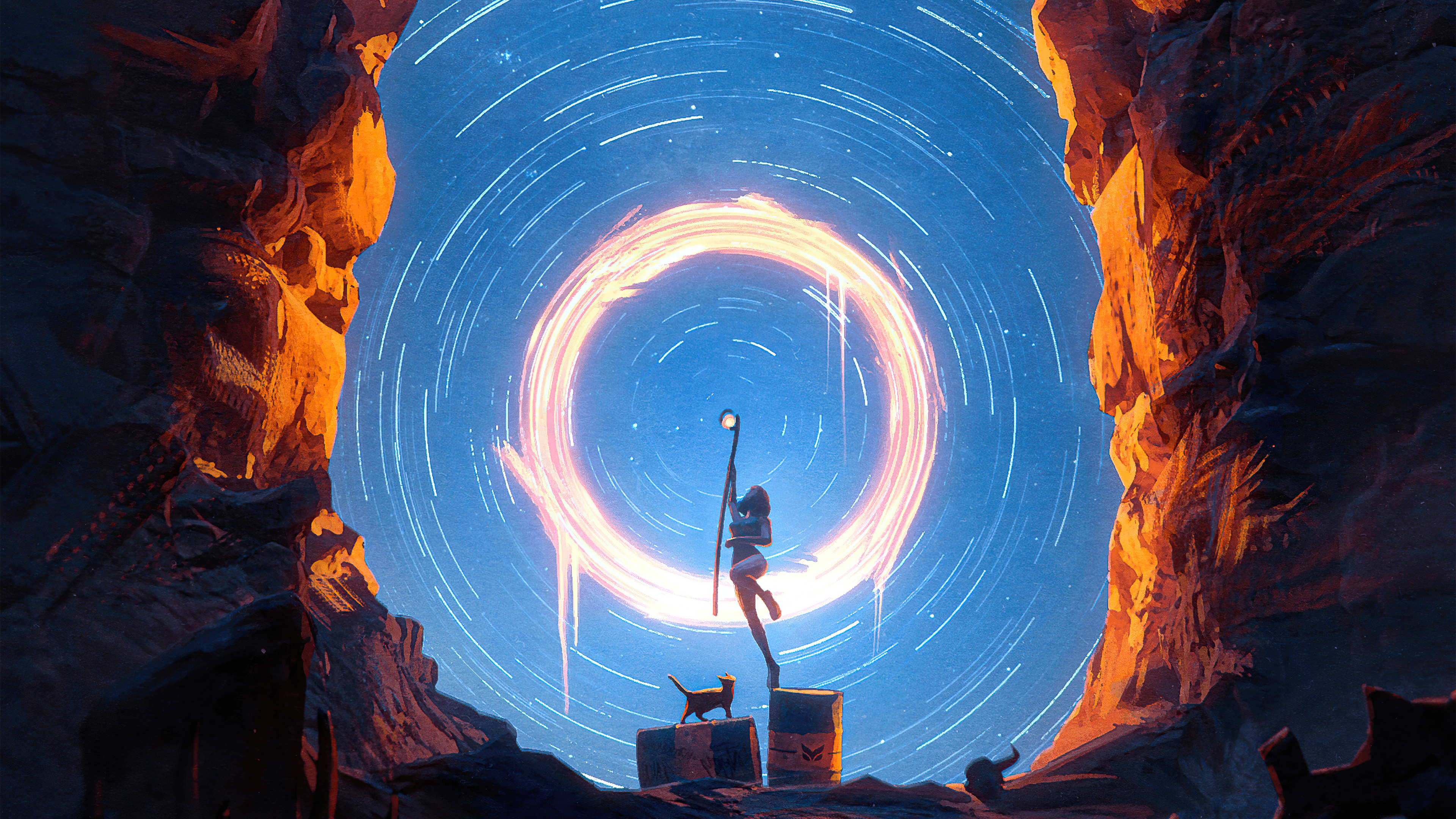 Girl with staff and cat under star trails HD Wallpaper