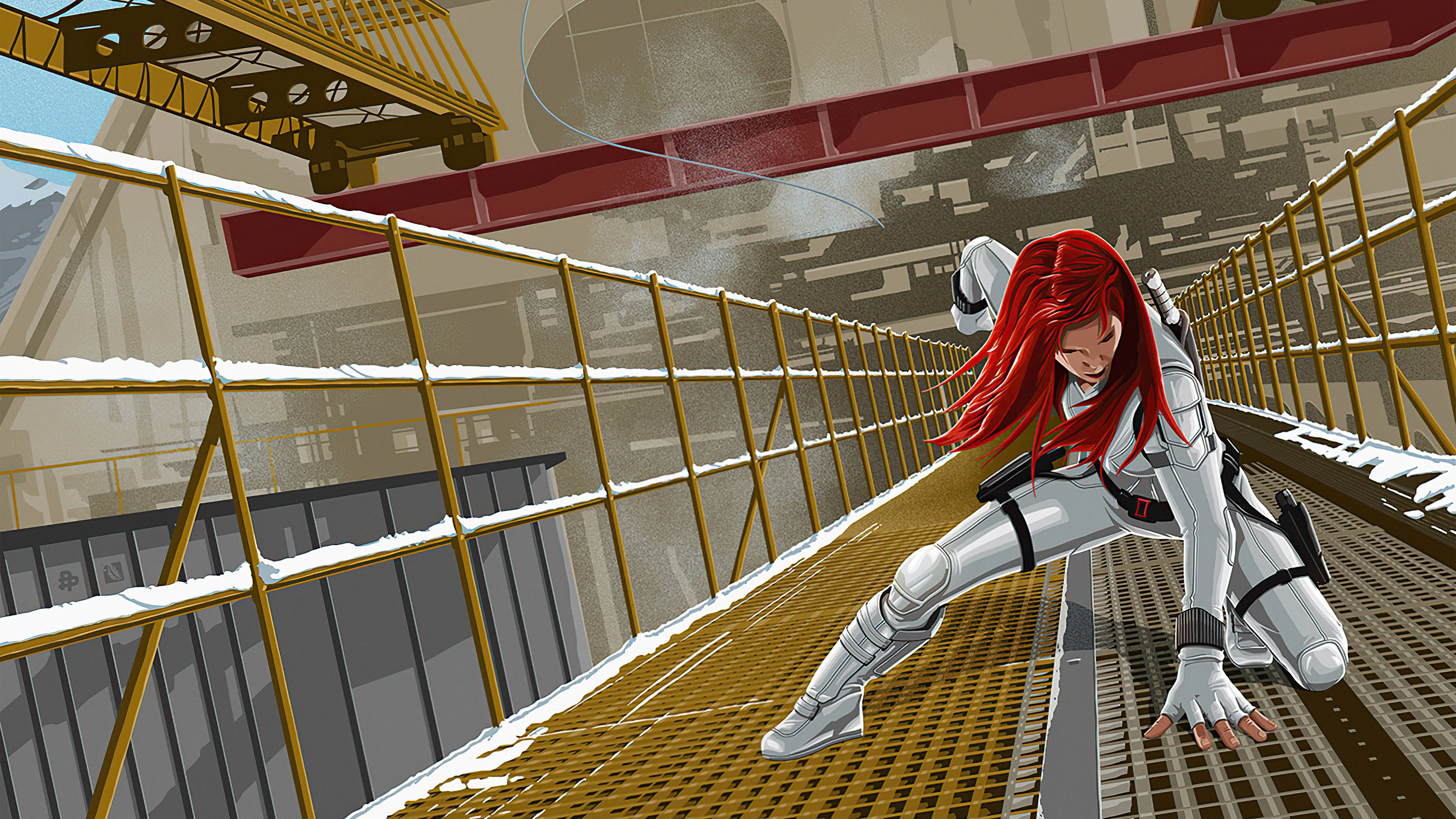 Black Widow in white suit on industrial walkway HD Wallpaper