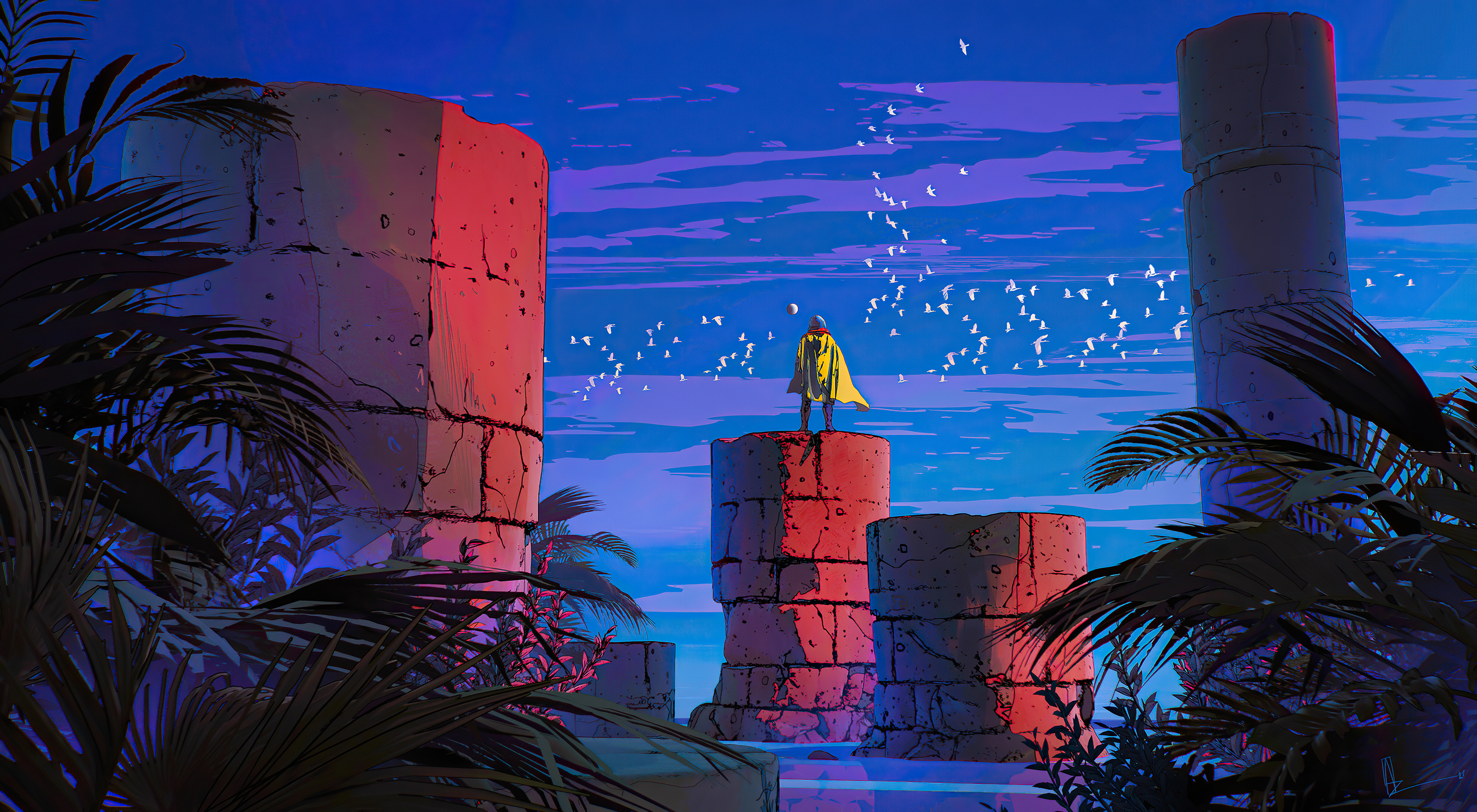 Person in yellow cloak on ancient ruins with birds HD Wallpaper