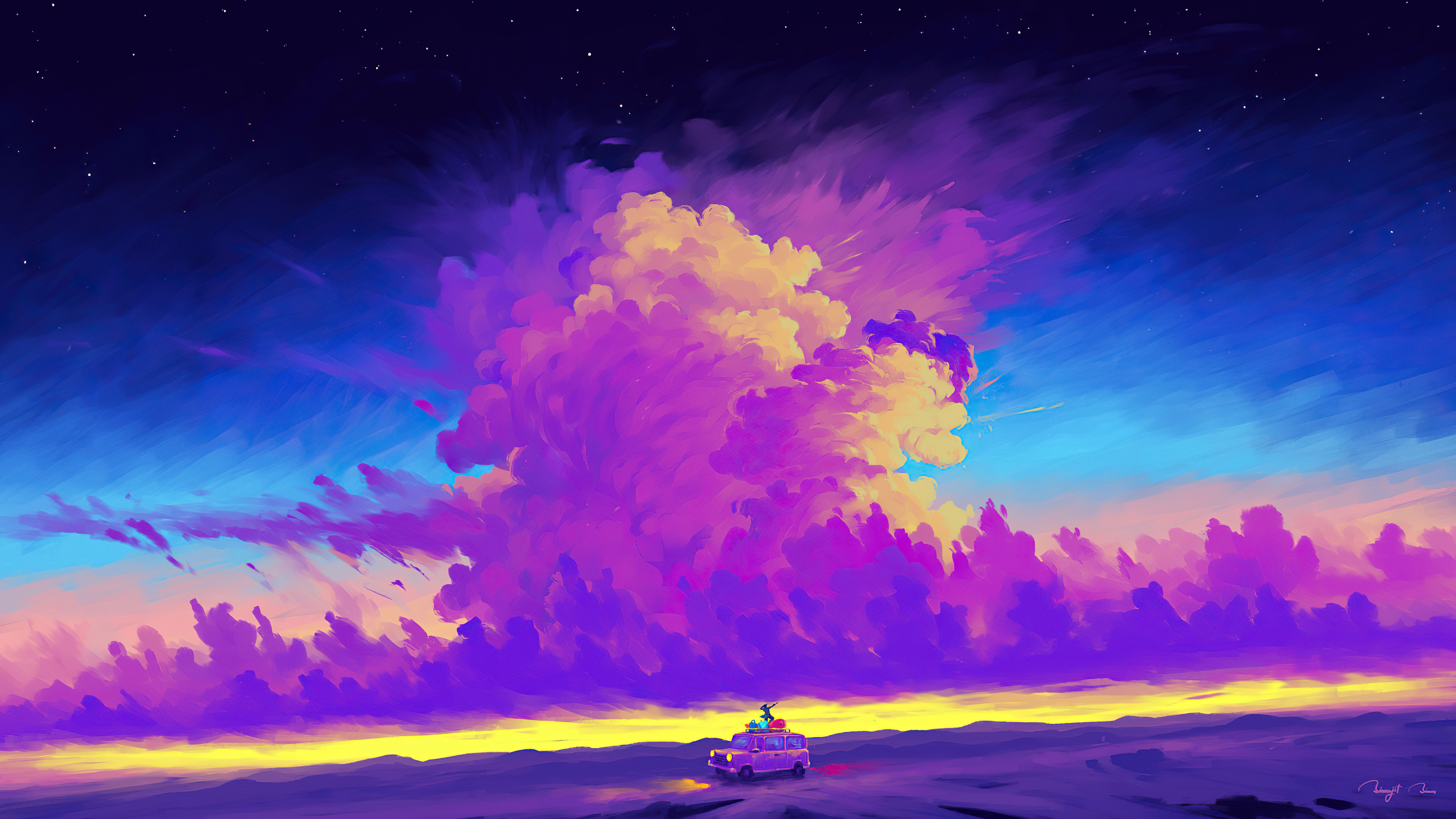 Digital art of a car with people on top driving through a colorful landscape HD Wallpaper