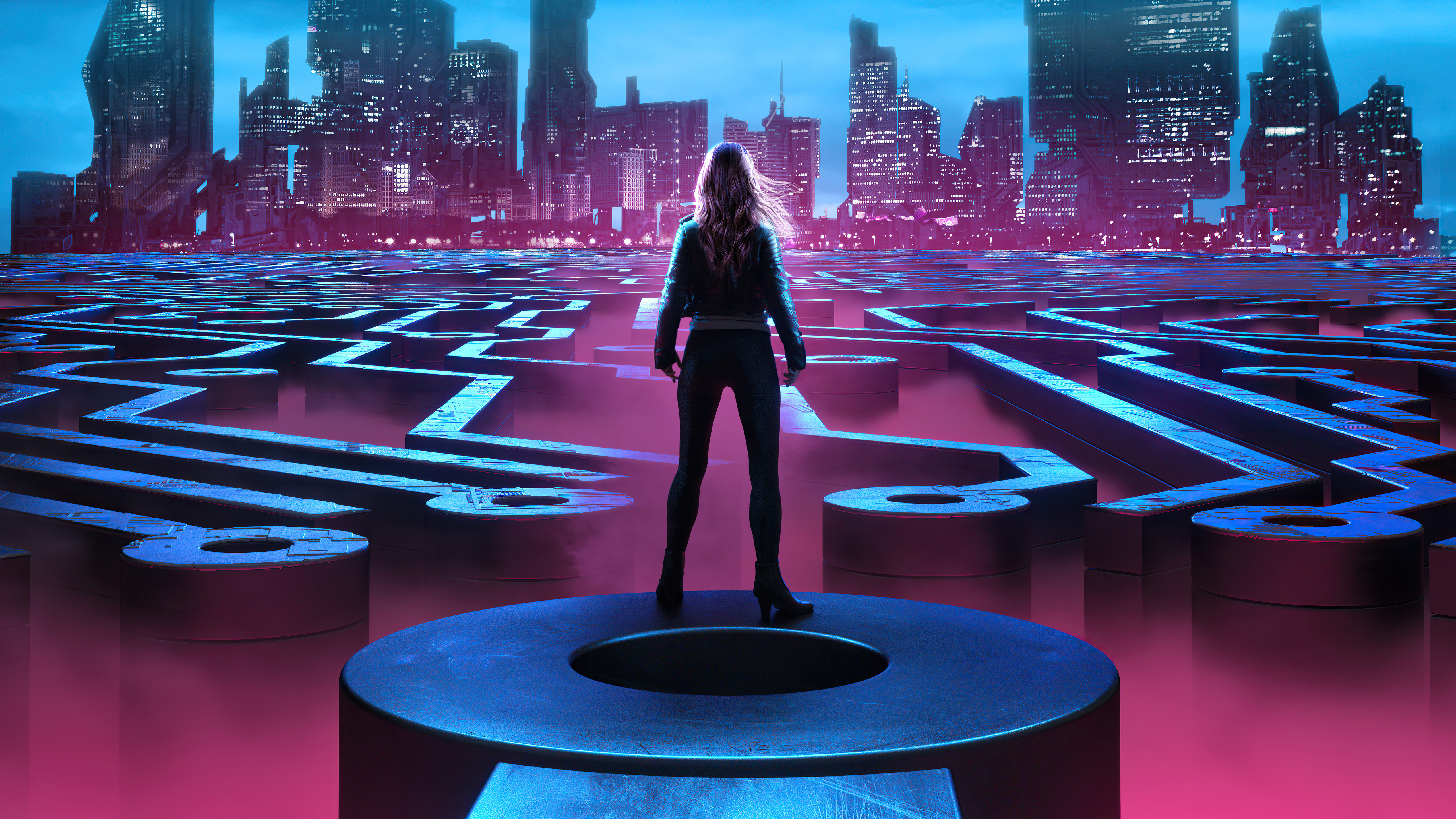 Woman in Maze with Futuristic City Background HD Wallpaper
