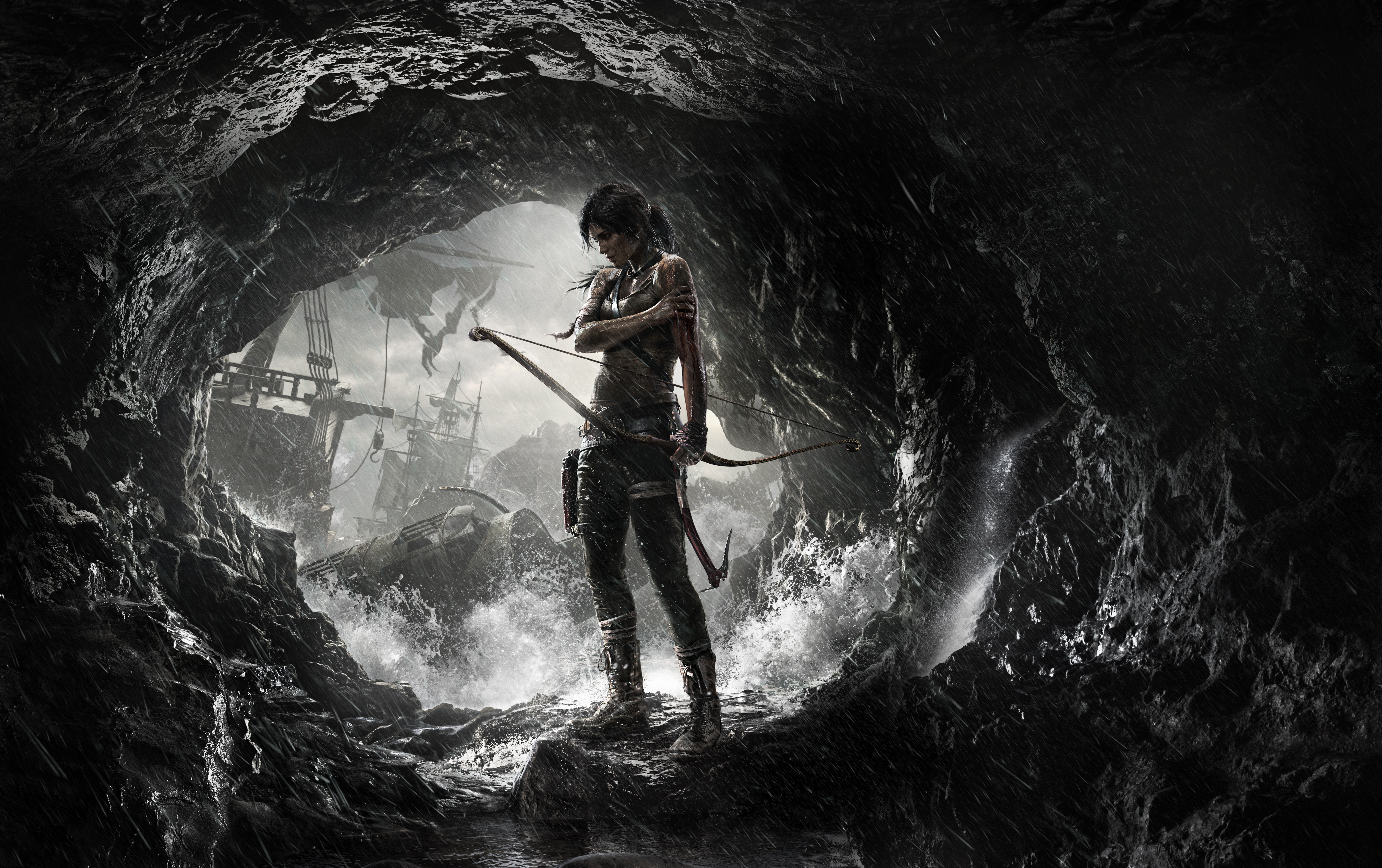 Lara Croft from Tomb Raider in a cave with ships HD Wallpaper