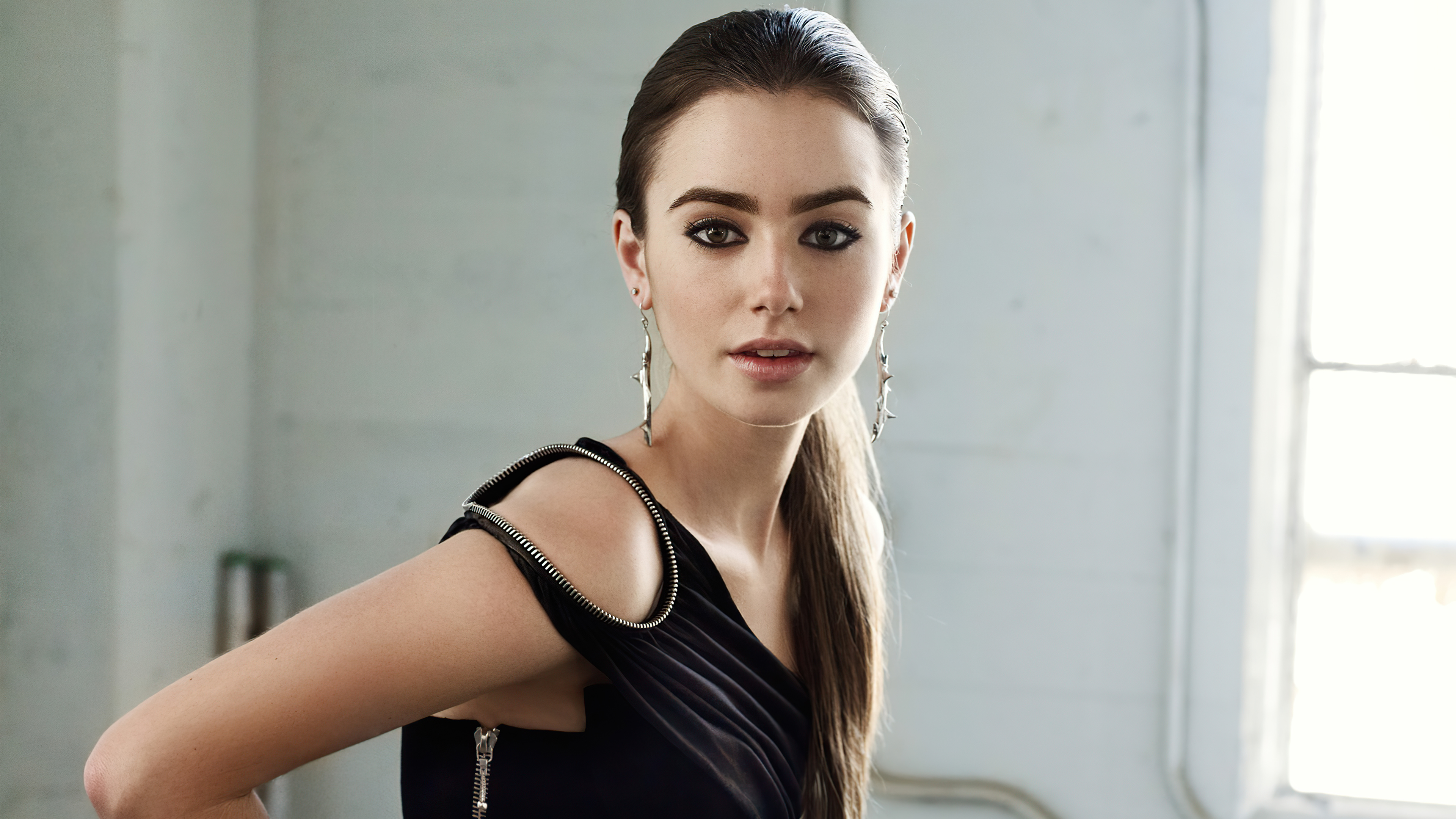 Lily Collins in black dress HD Wallpaper