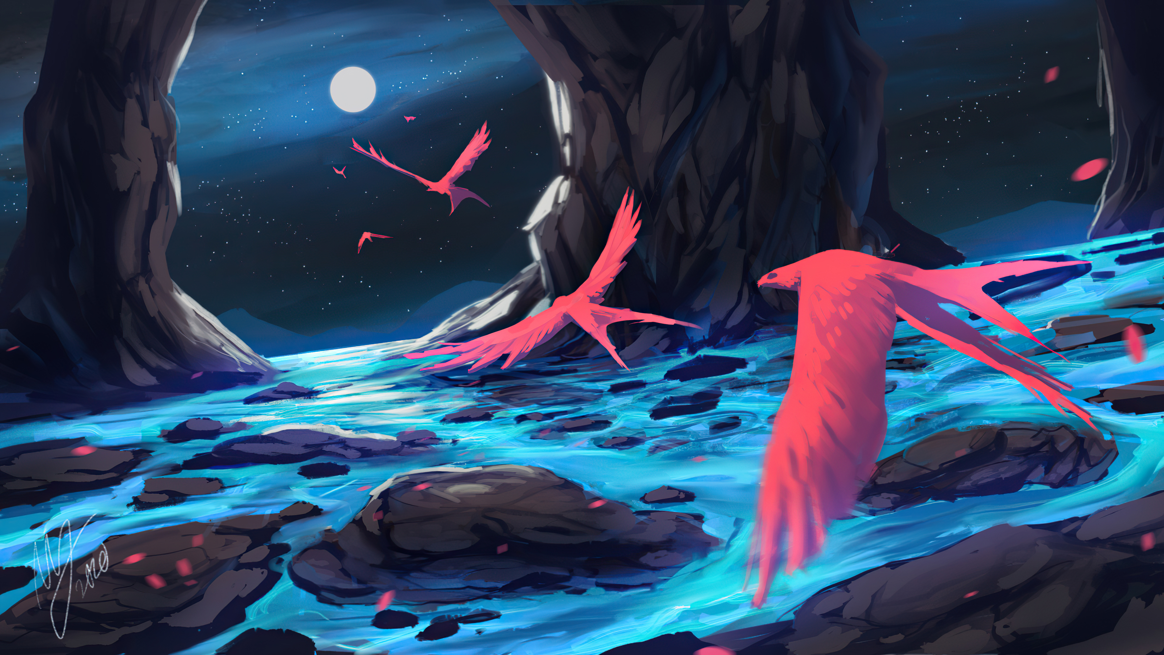 Digital art of birds flying over water at night HD Wallpaper