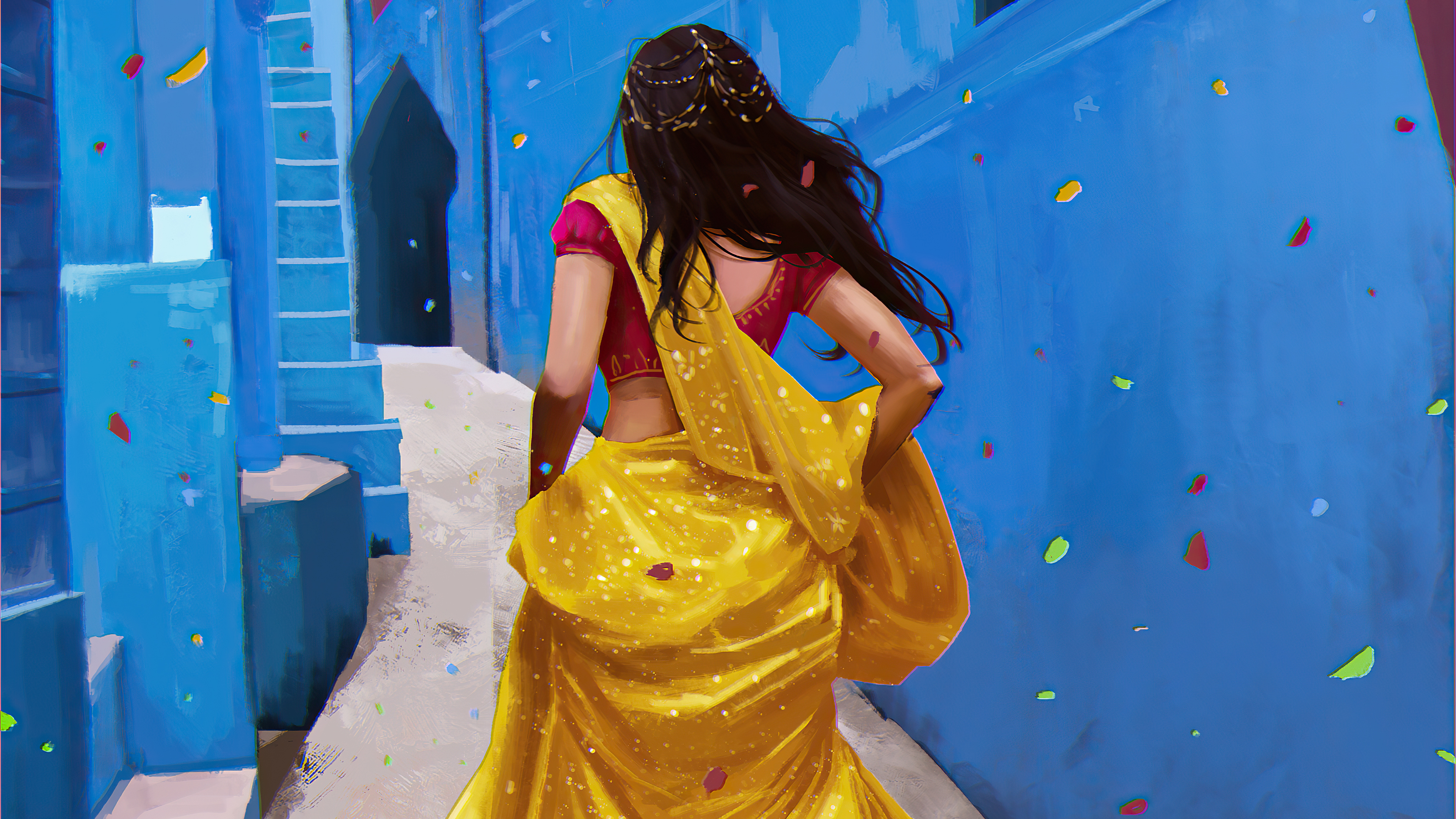 Woman in yellow sari walking through blue alley HD Wallpaper