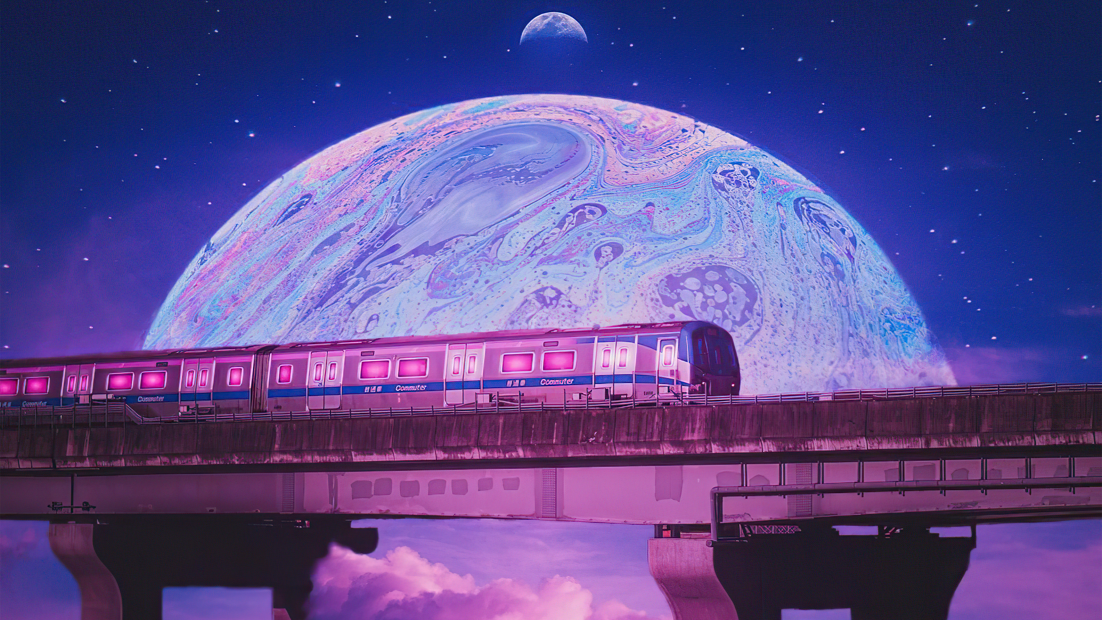 Synthwave Train in Space with Planet HD Wallpaper