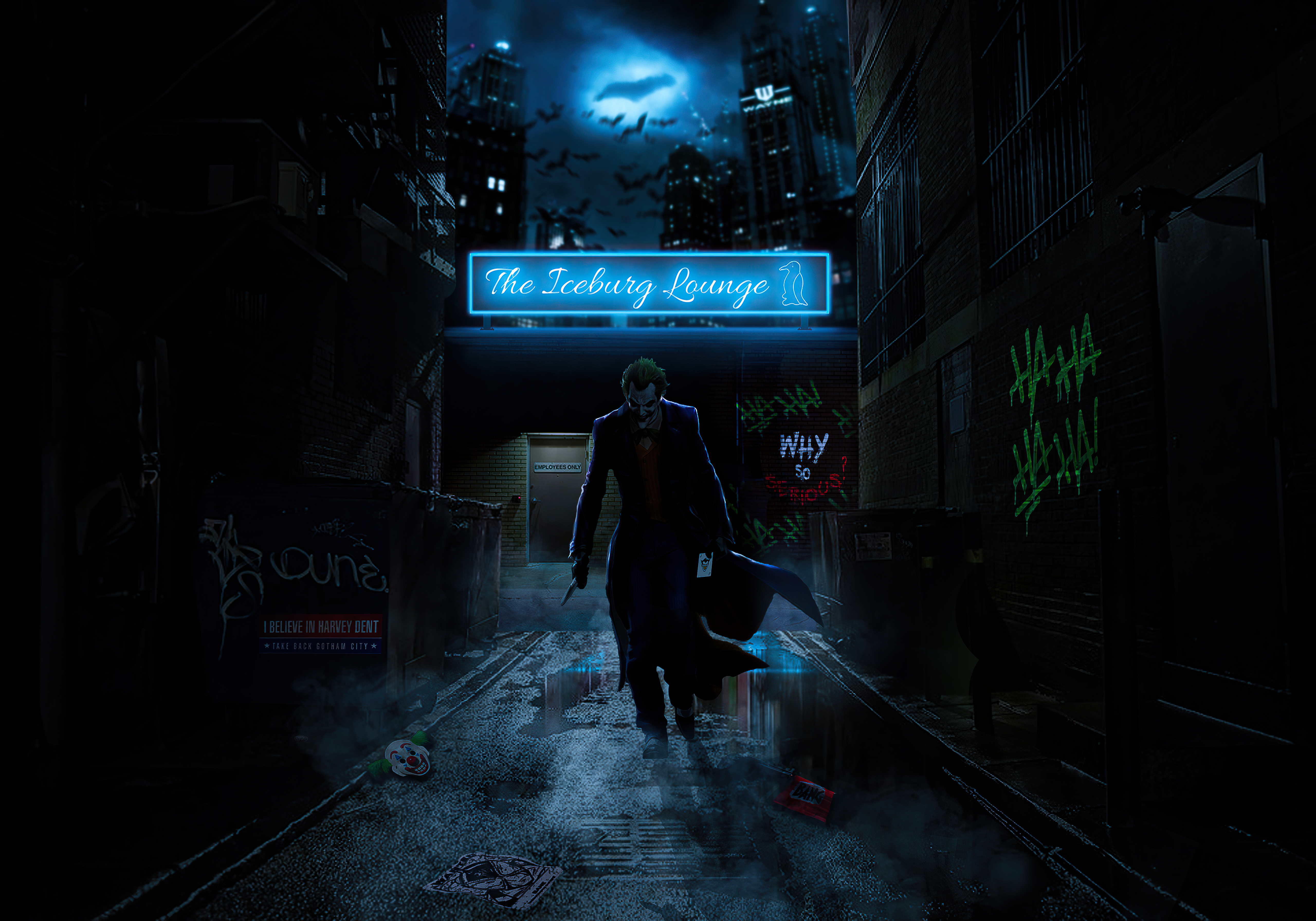 The Joker in a dark alley with The Iceburg Lounge sign HD Wallpaper