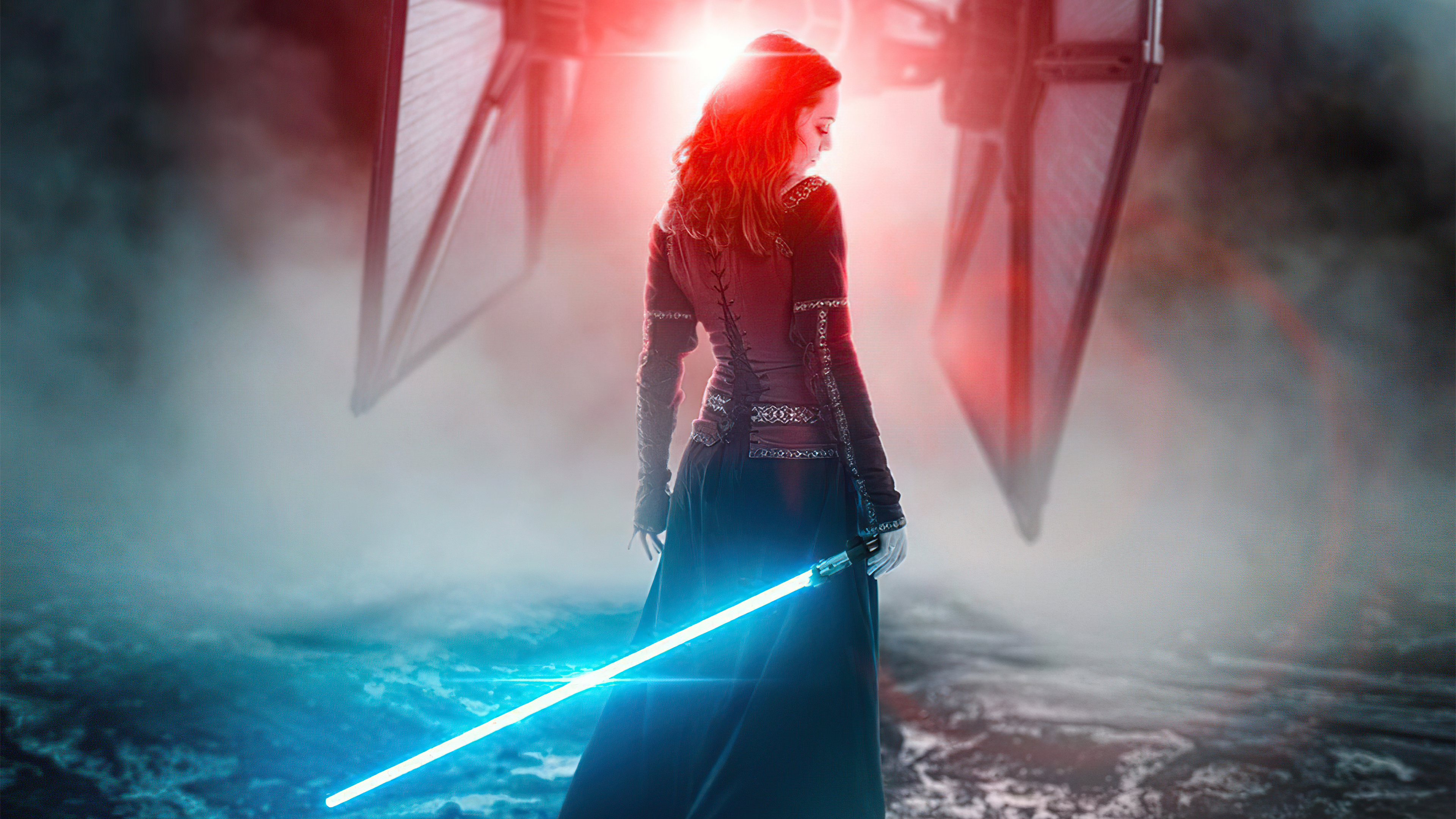 Warrior with blue lightsaber and red tie fighters HD Wallpaper