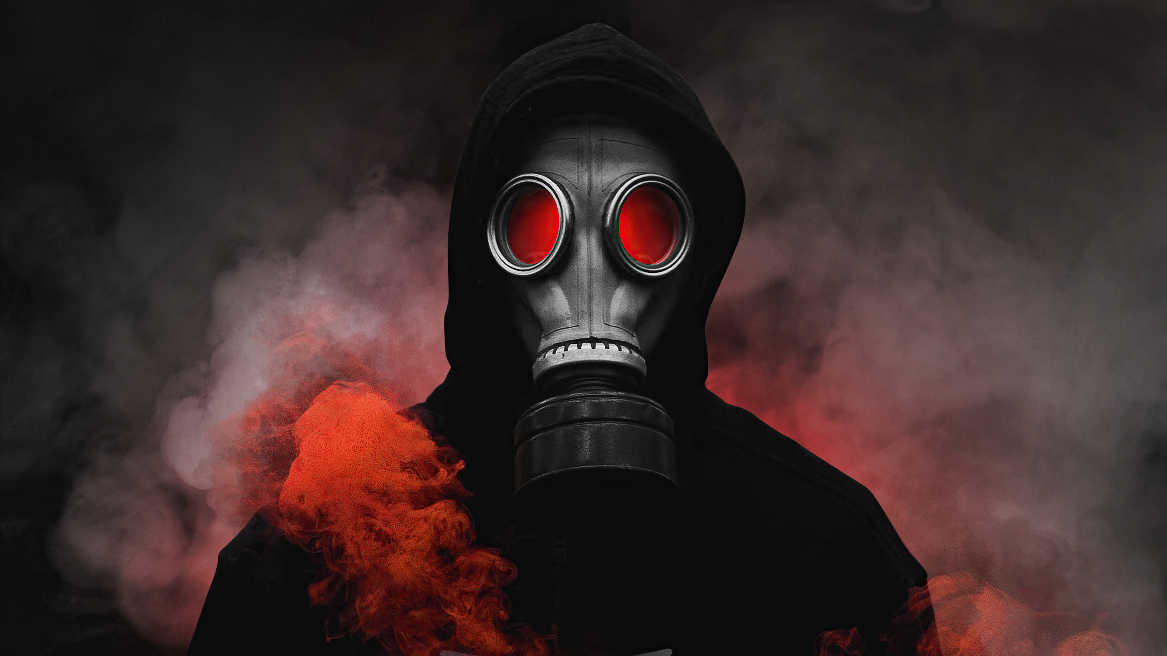 Person in gas mask with red eyes and smoke HD Wallpaper