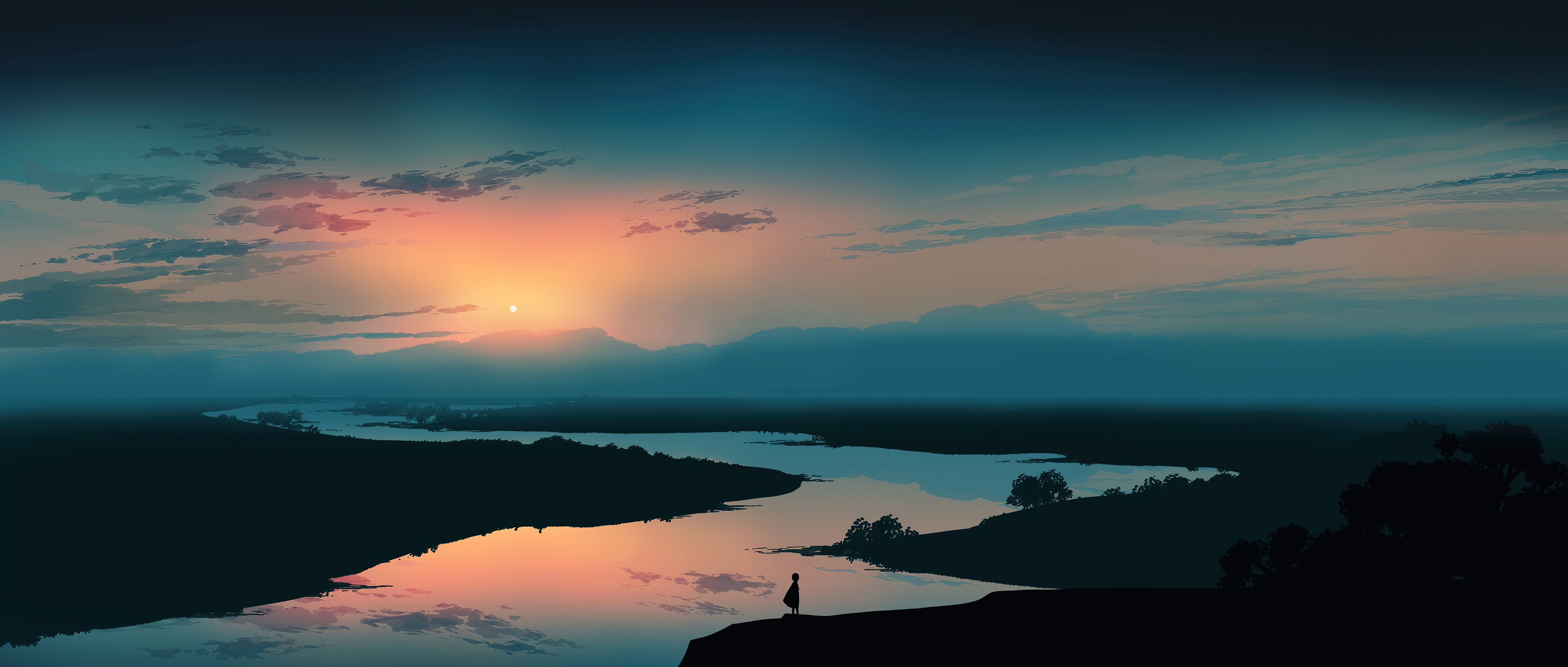 Digital art of a sunset over a river HD Wallpaper