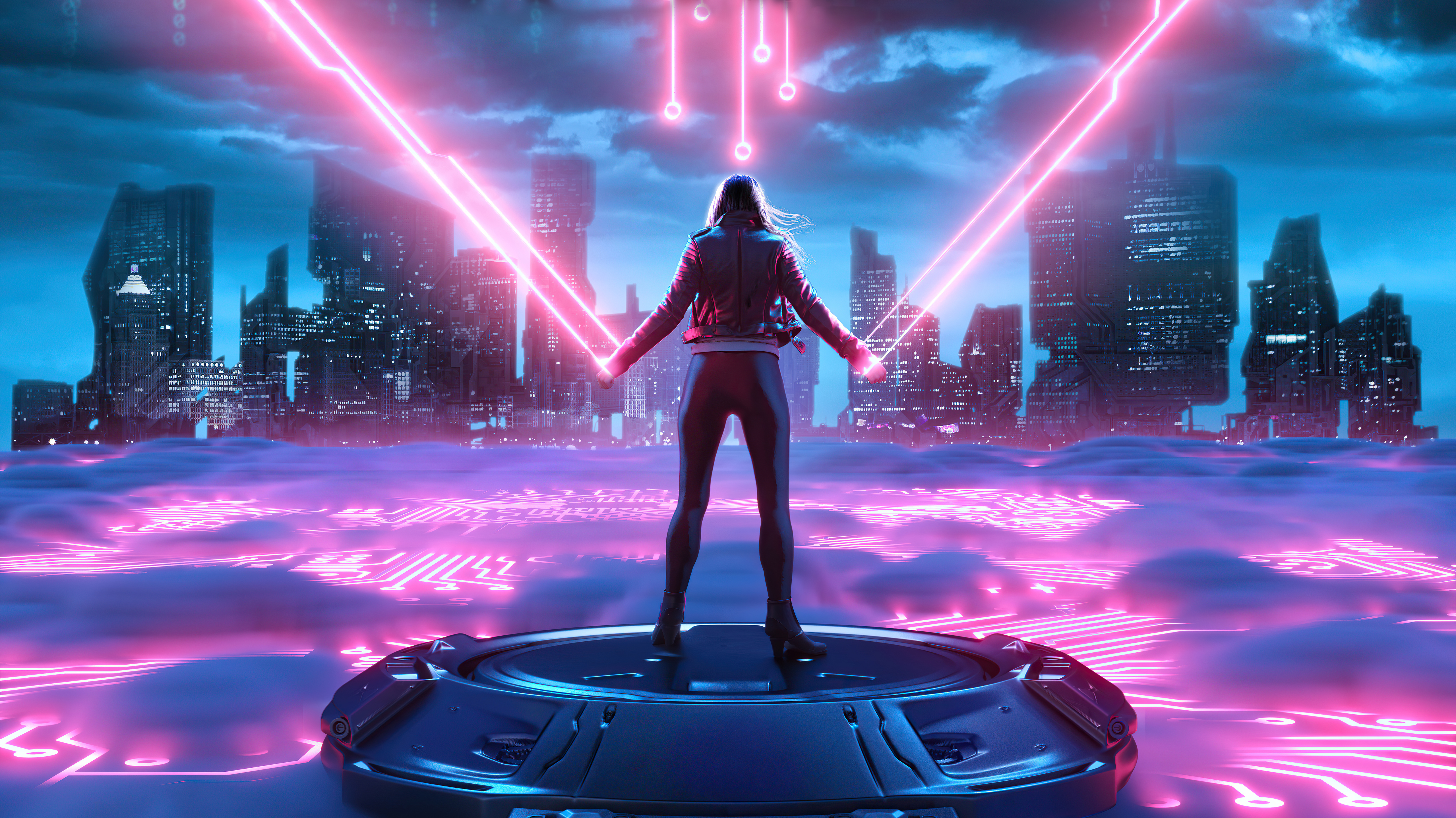 Woman controlling neon energy in futuristic city HD Wallpaper