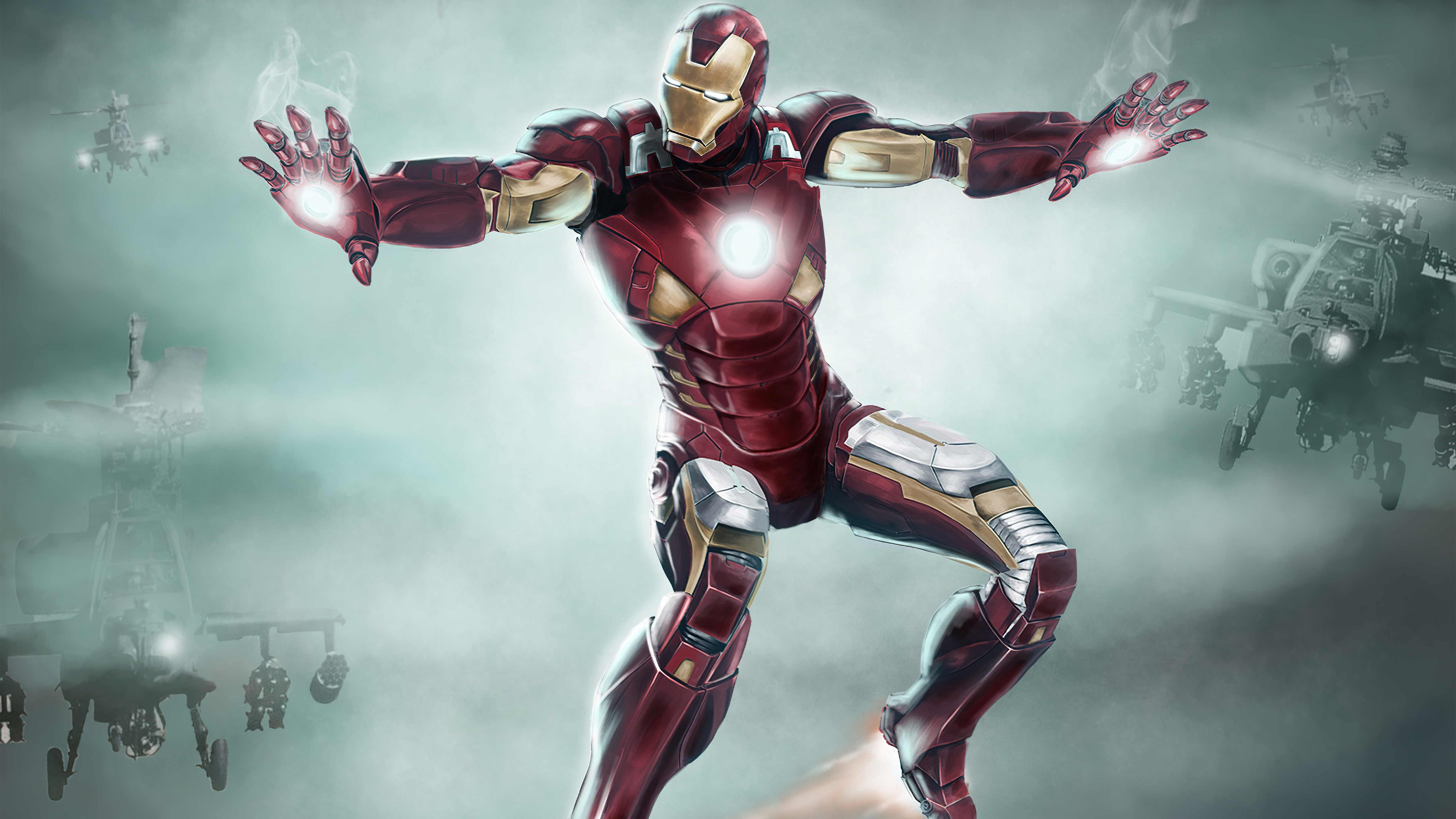 Iron Man in battle with helicopters HD Wallpaper