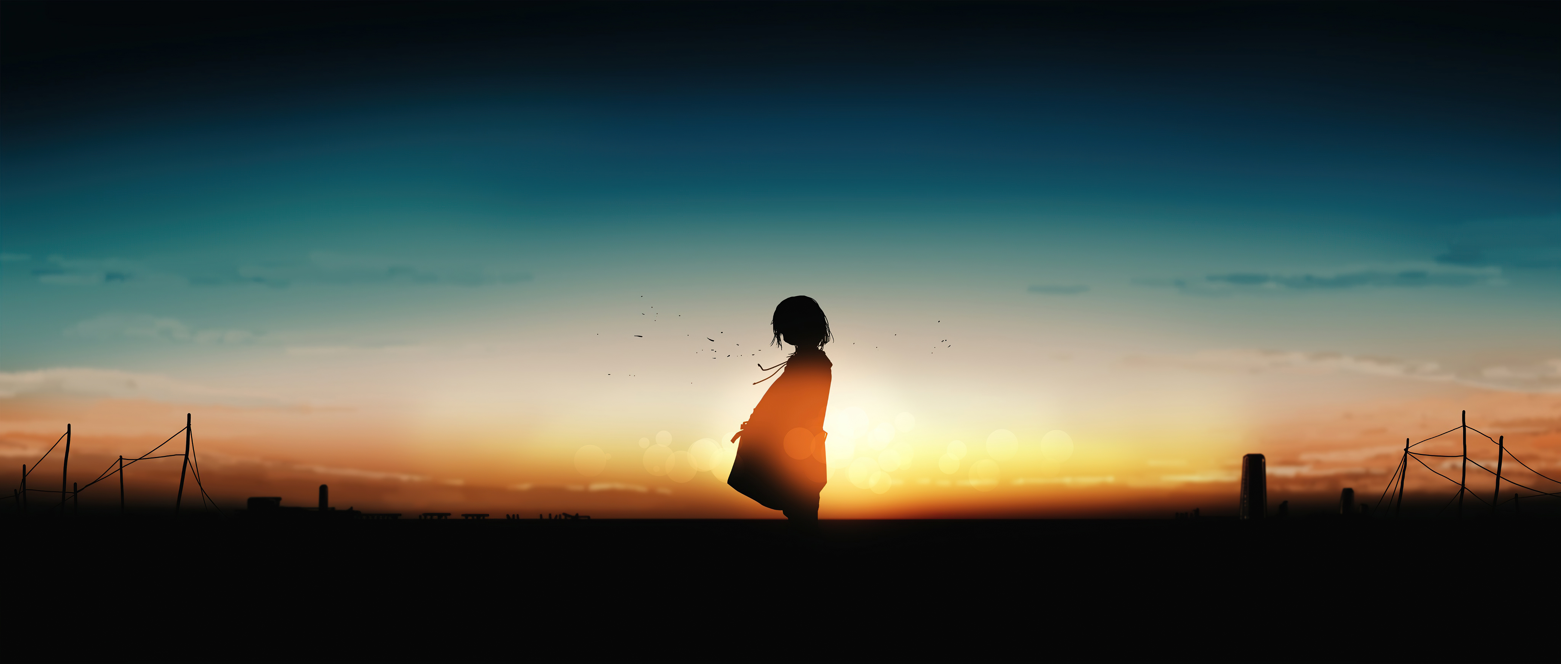 Anime girl silhouette at sunset HD Wallpaper
