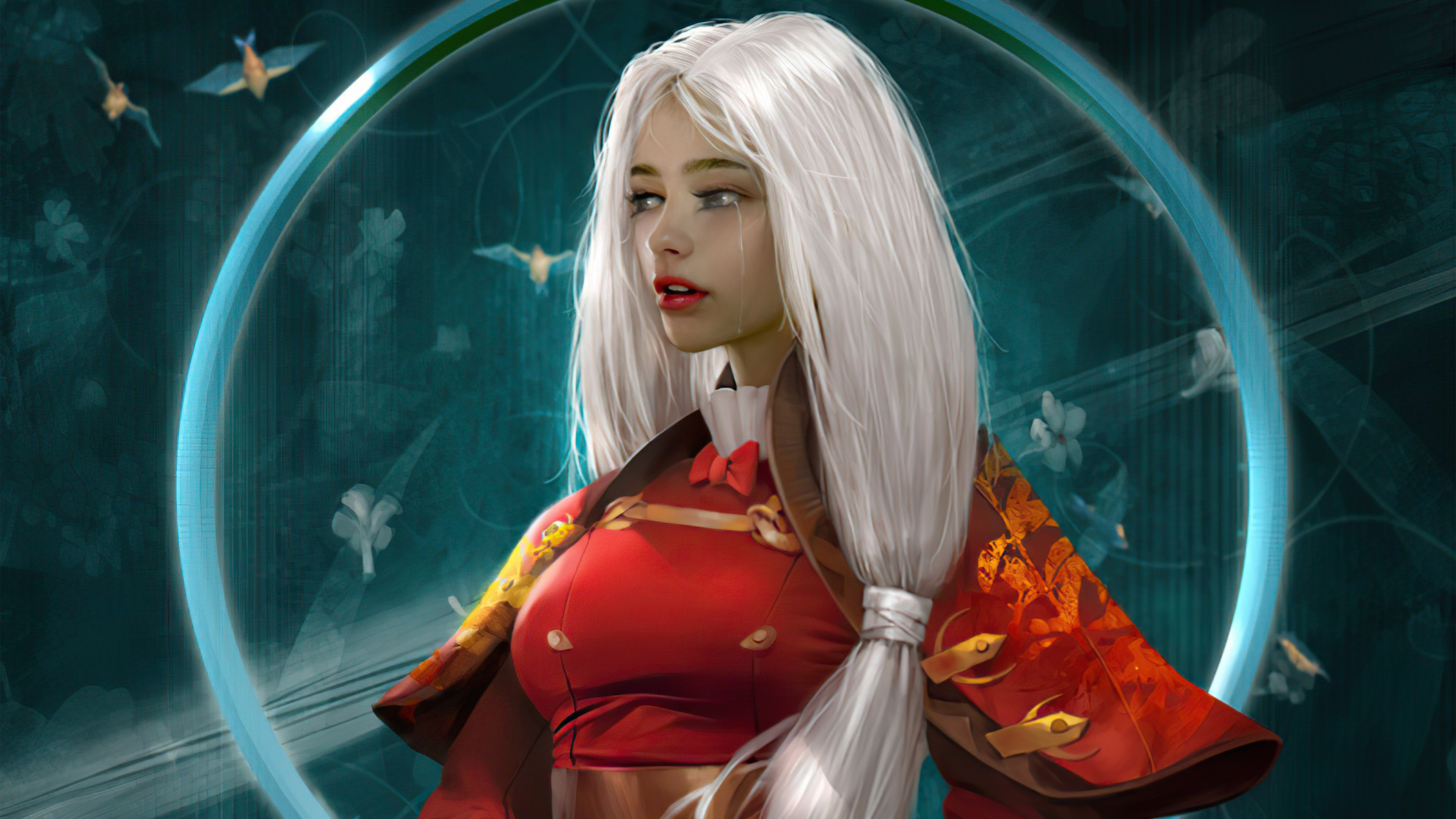 Artwork of a woman with white hair HD Wallpaper