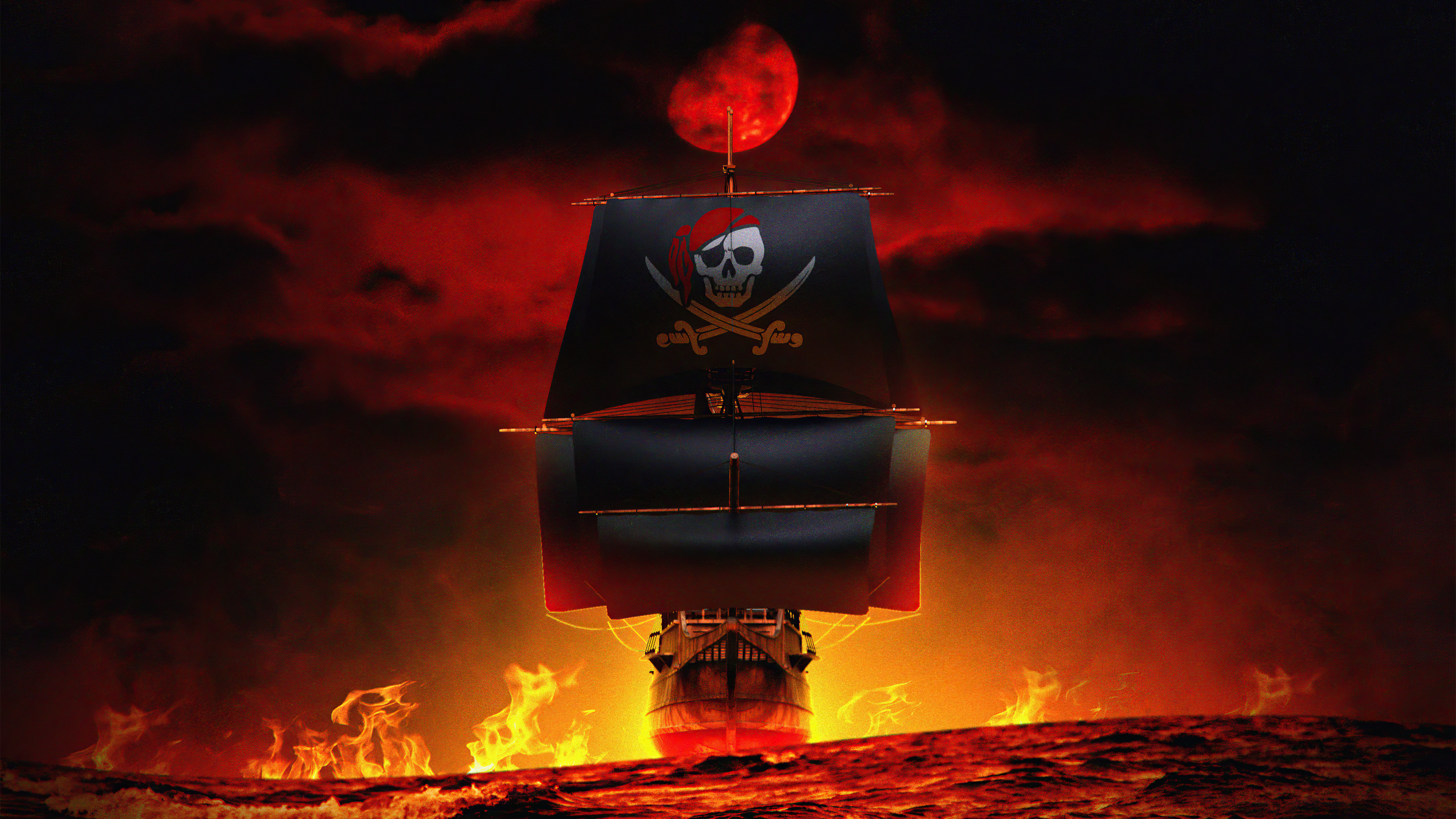Pirate ship with Jolly Roger flag under red moon HD Wallpaper