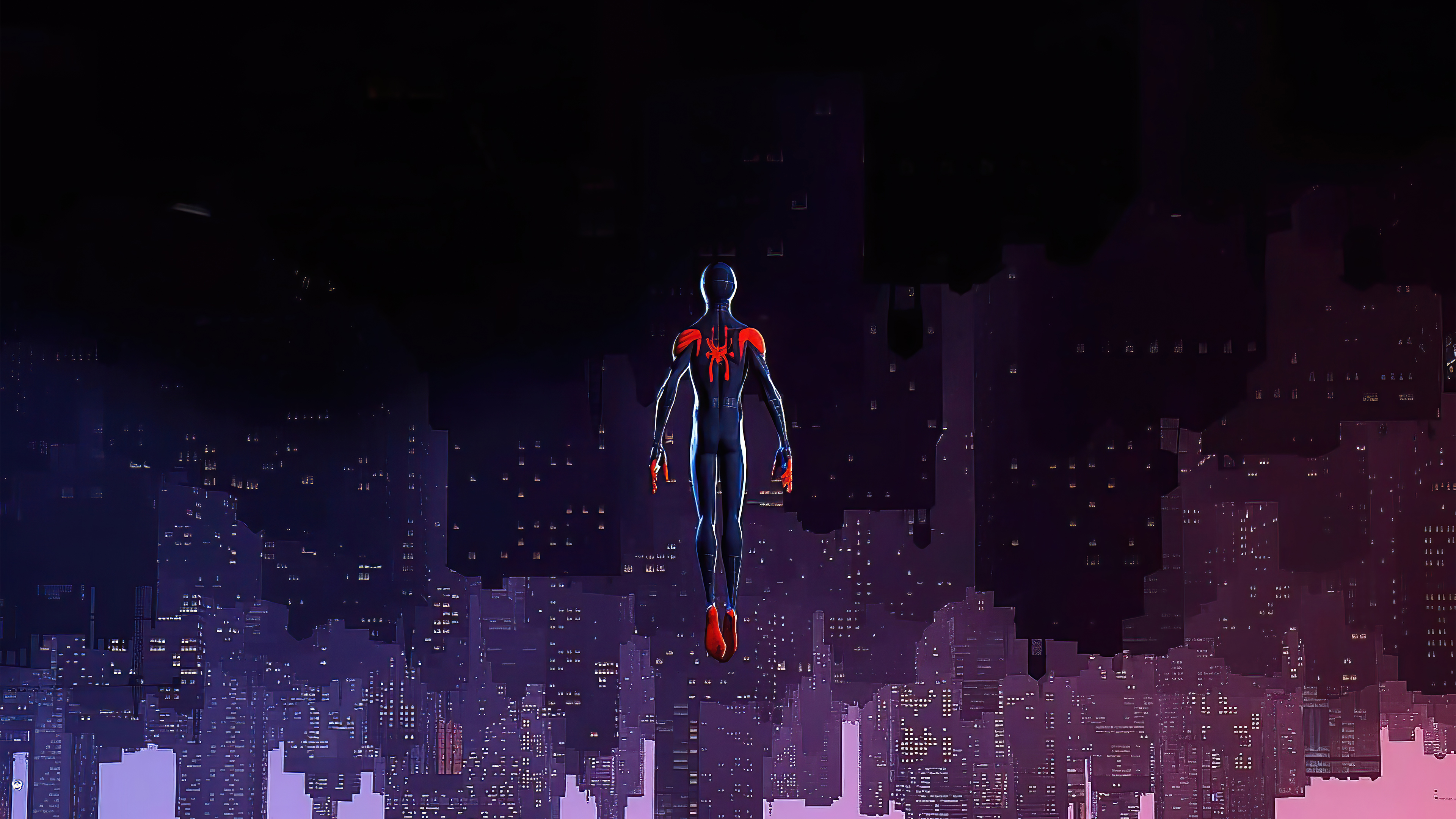Spider-Man from Spider-Verse flying over a city HD Wallpaper