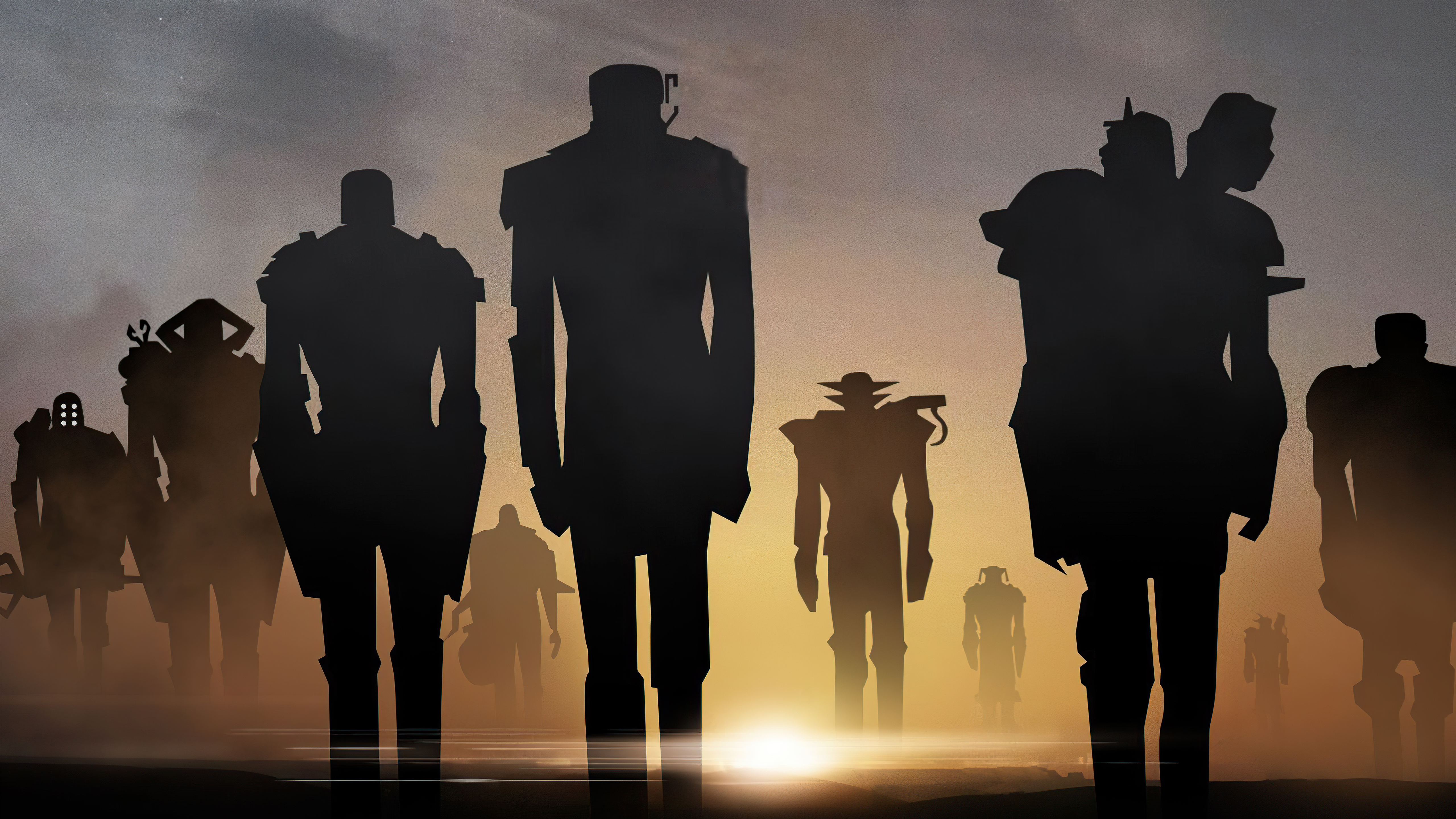 Silhouettes of Eternals walking in a misty landscape HD Wallpaper