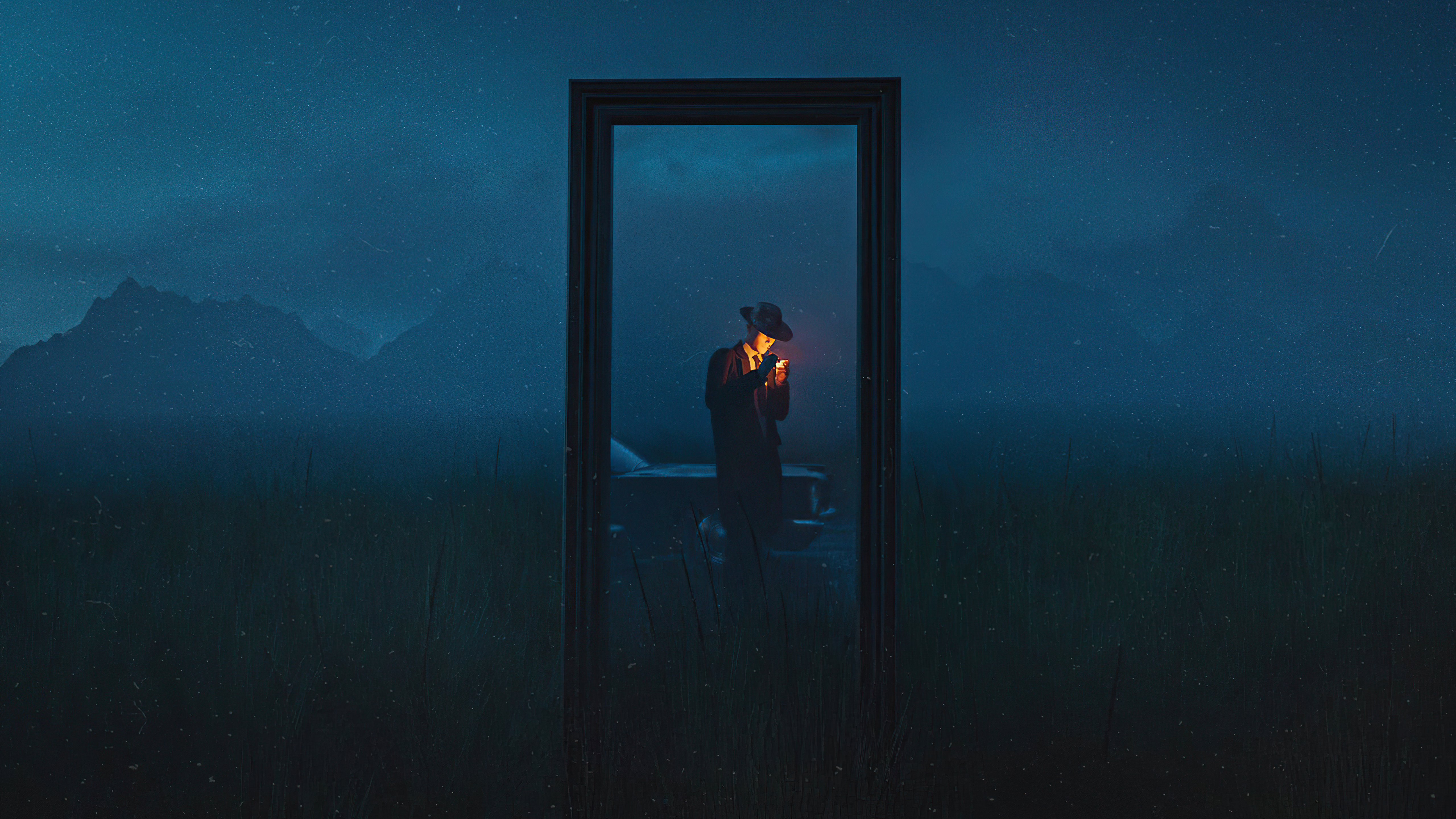 Man in a hat lighting a cigarette in a doorway HD Wallpaper