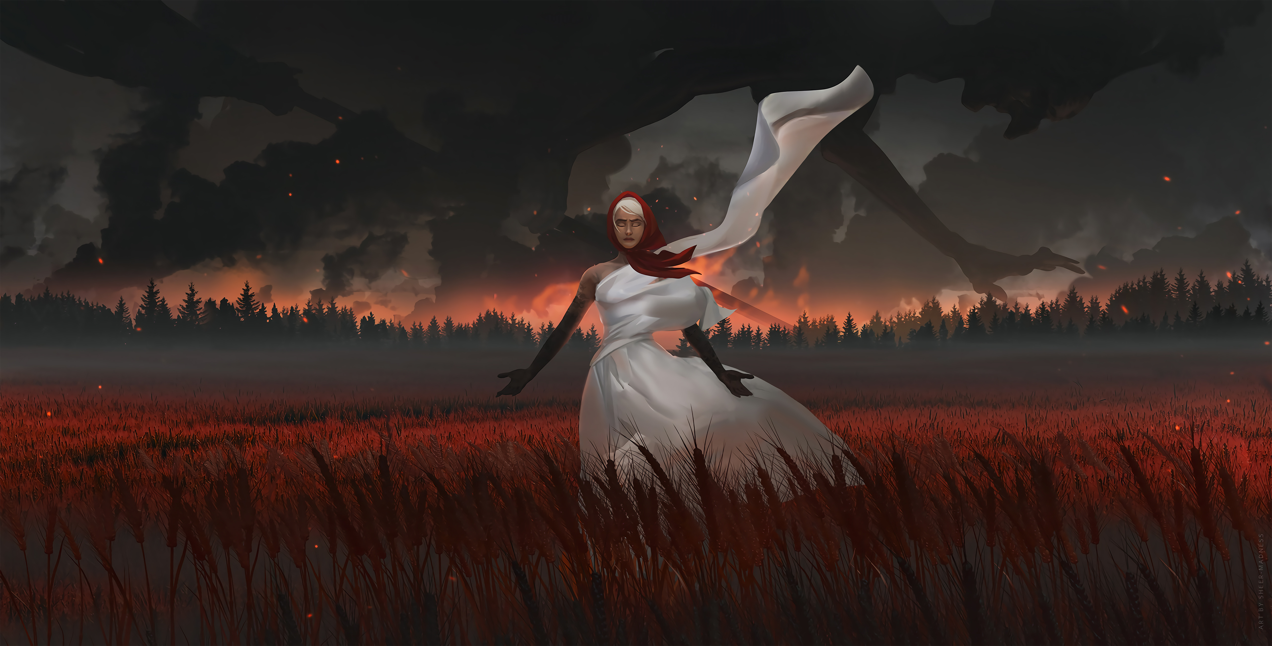 Woman in white dress in burning field HD Wallpaper