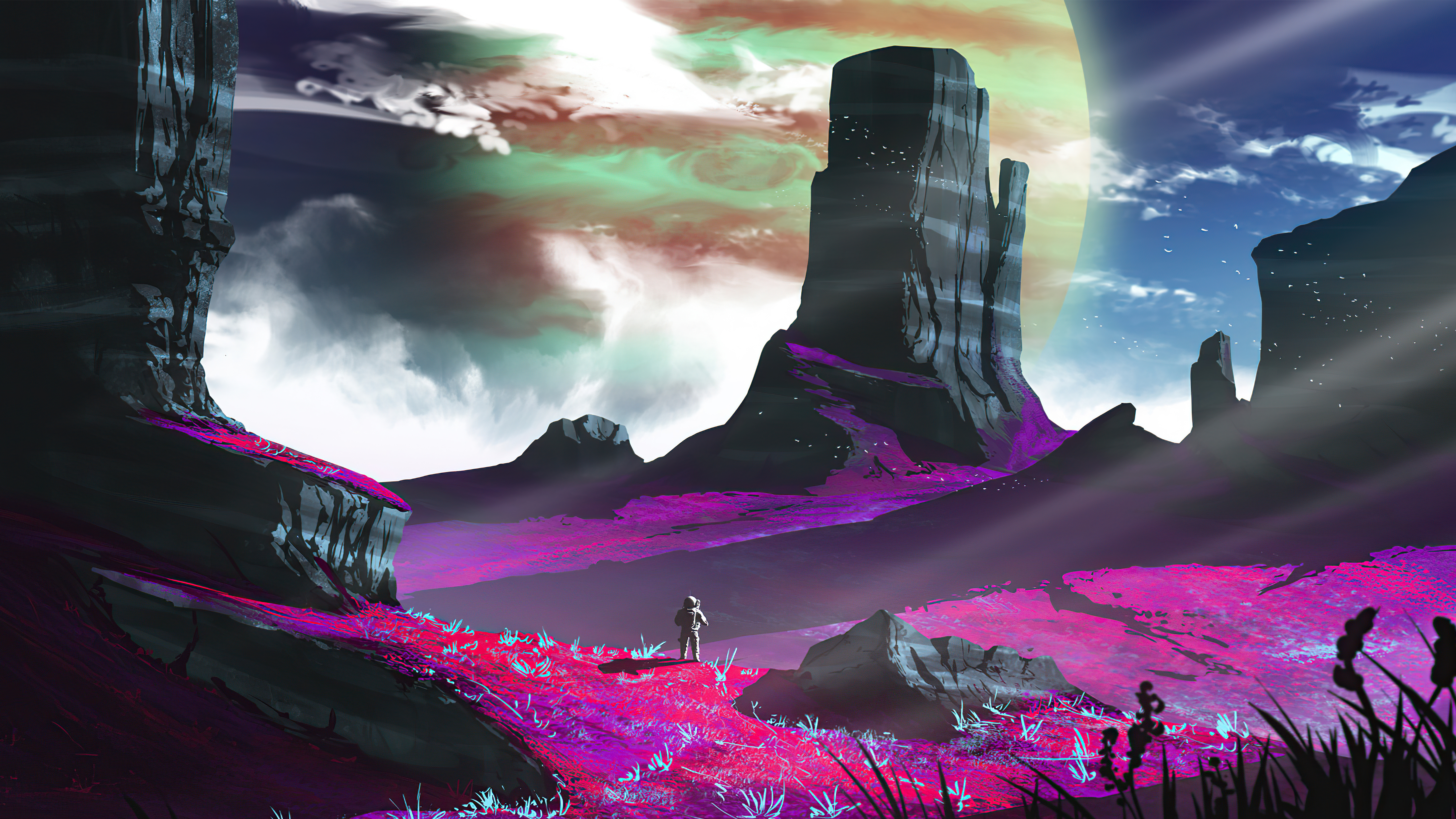Astronaut on an alien planet with purple flora HD Wallpaper