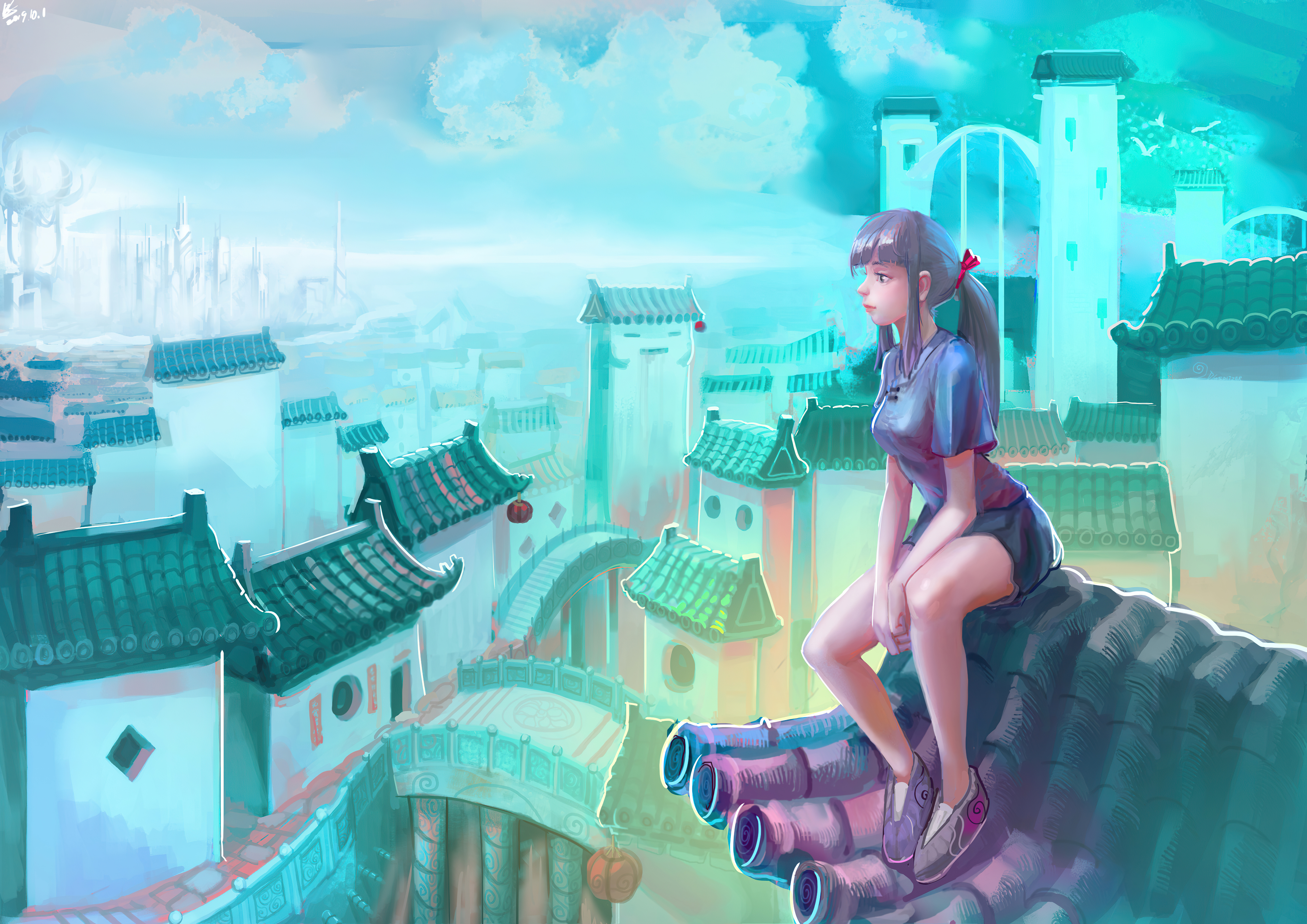 Anime girl sitting on a rooftop overlooking a city HD Wallpaper