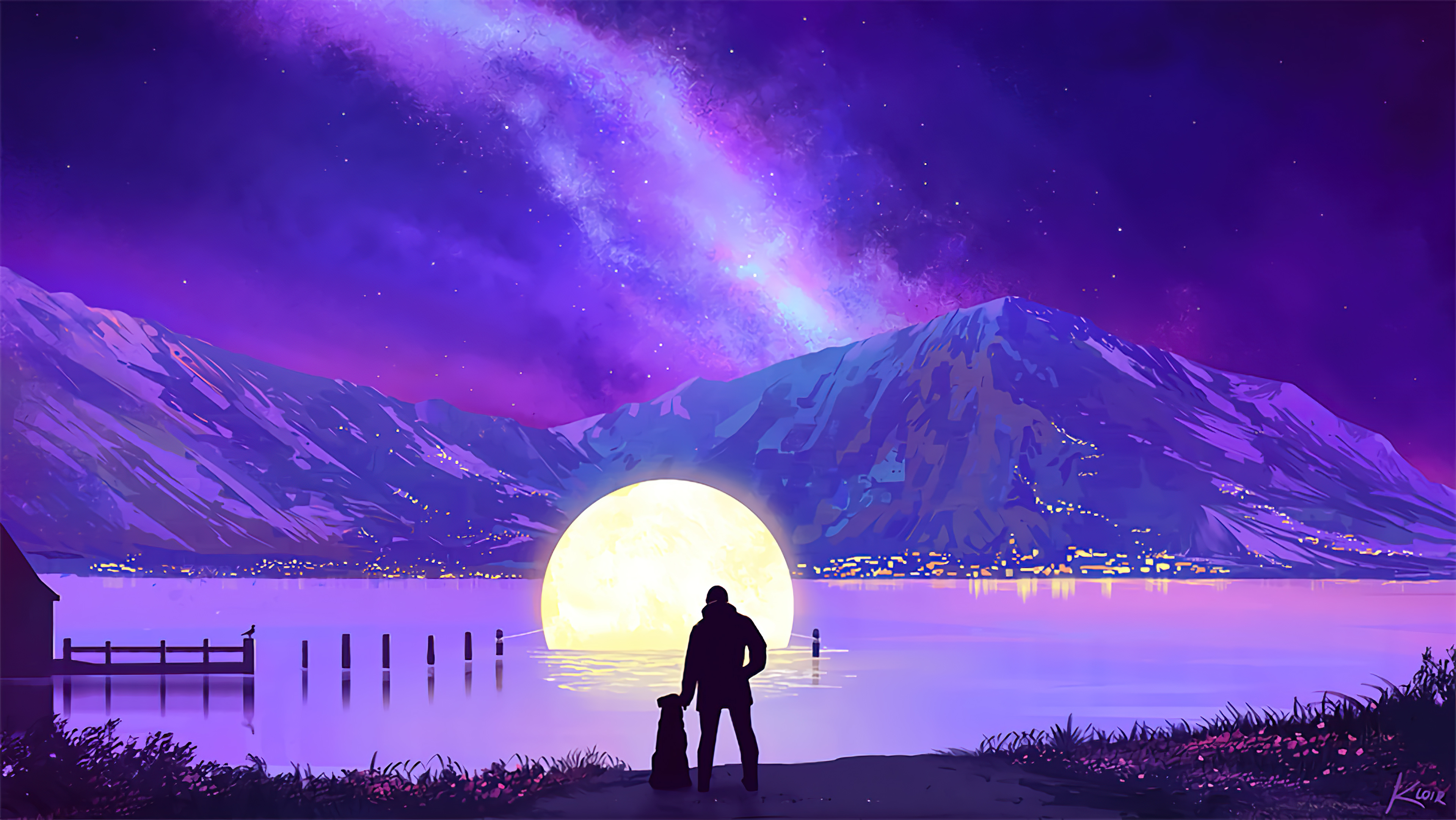 Man and dog watch moon over lake with mountains HD Wallpaper