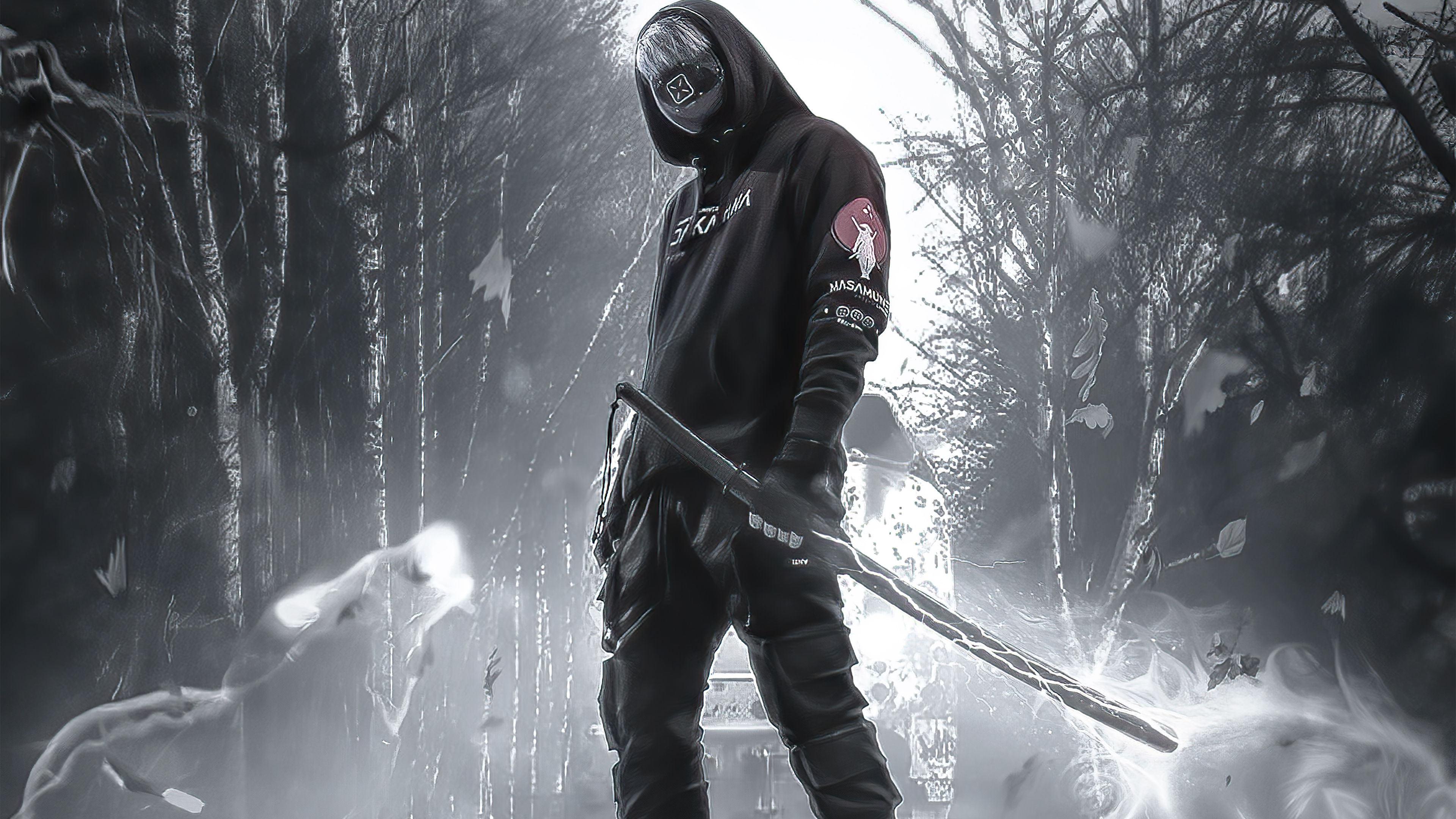 Warrior with sword in a dark forest HD Wallpaper