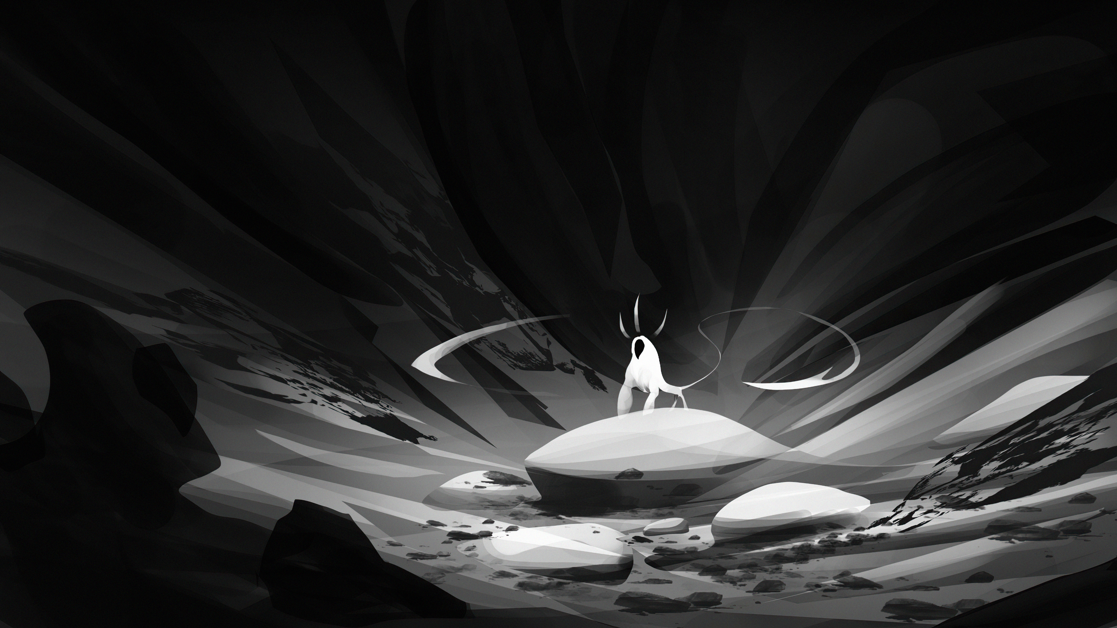 Digital art of a creature in a rocky landscape HD Wallpaper