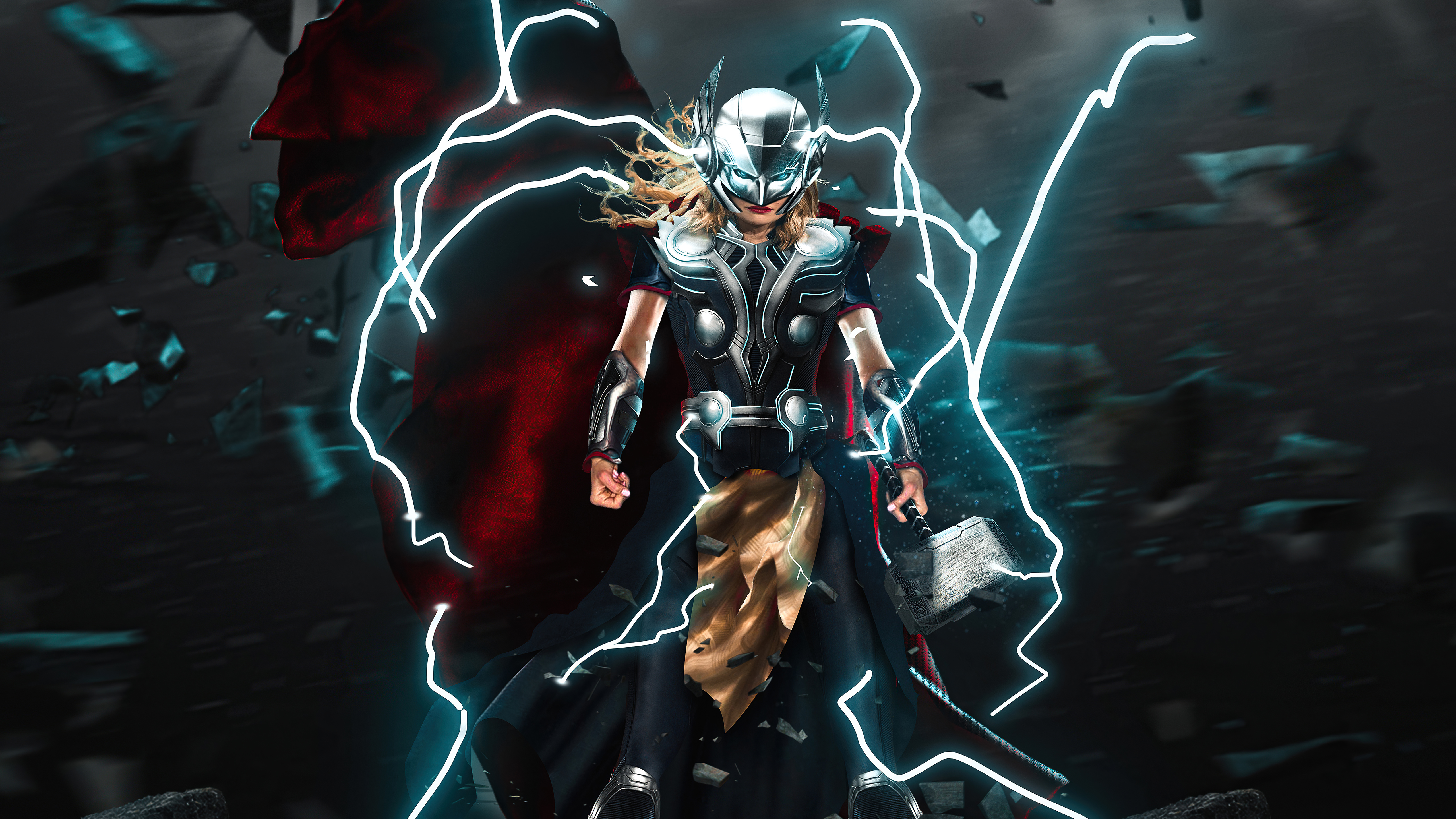 Jane Foster as Thor with Mjolnir and lightning HD Wallpaper