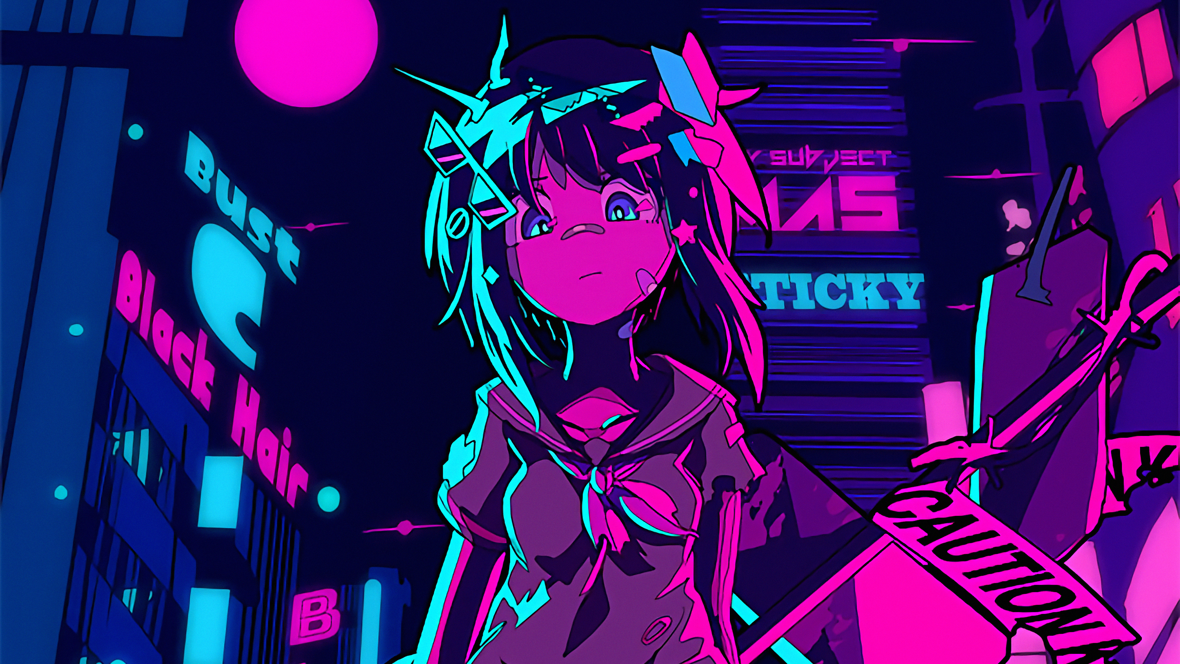 Anime girl in neon city HD Wallpaper